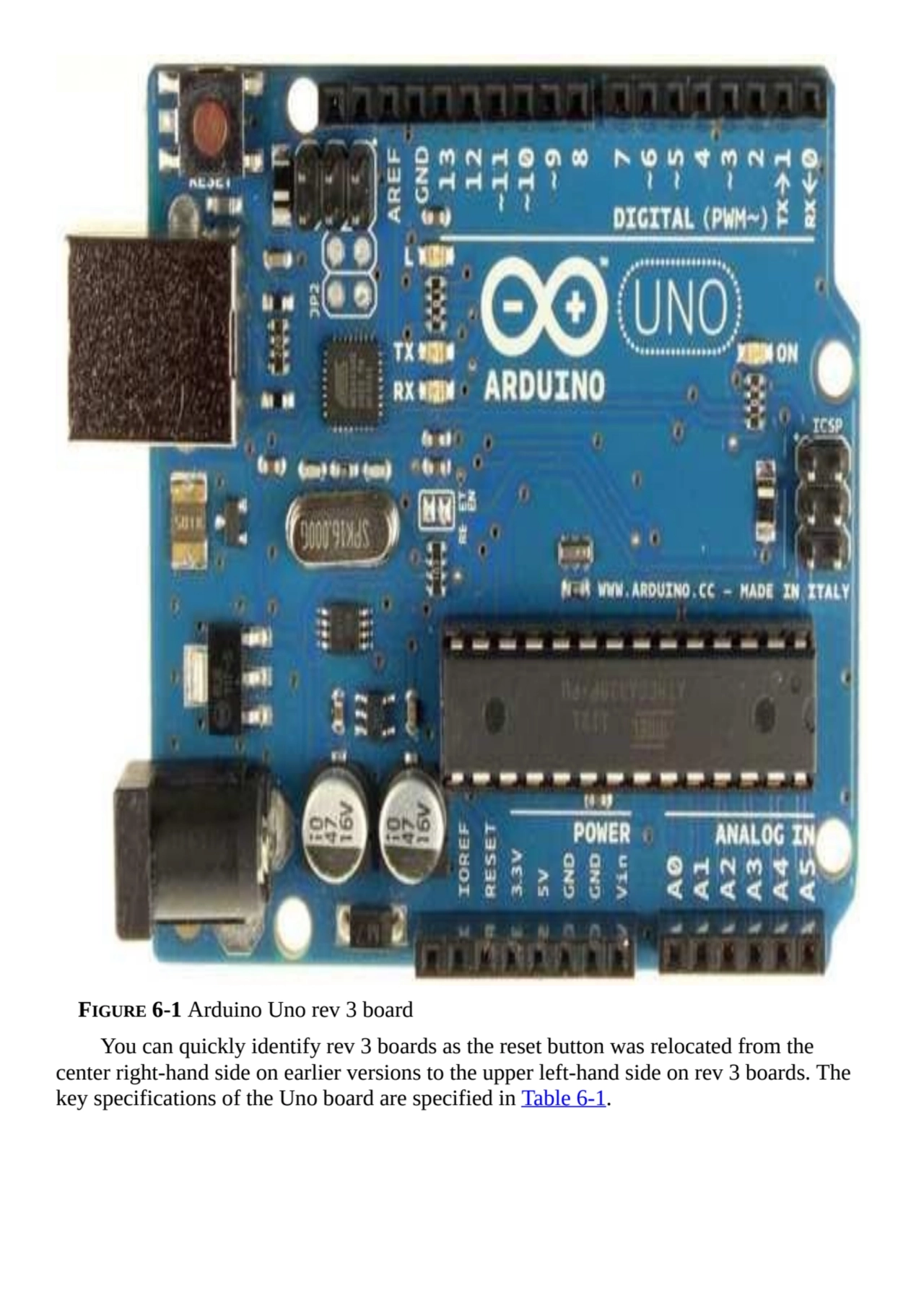 FIGURE 6-1 Arduino Uno rev 3 board
You can quickly identify rev 3 boards as the reset button was r…