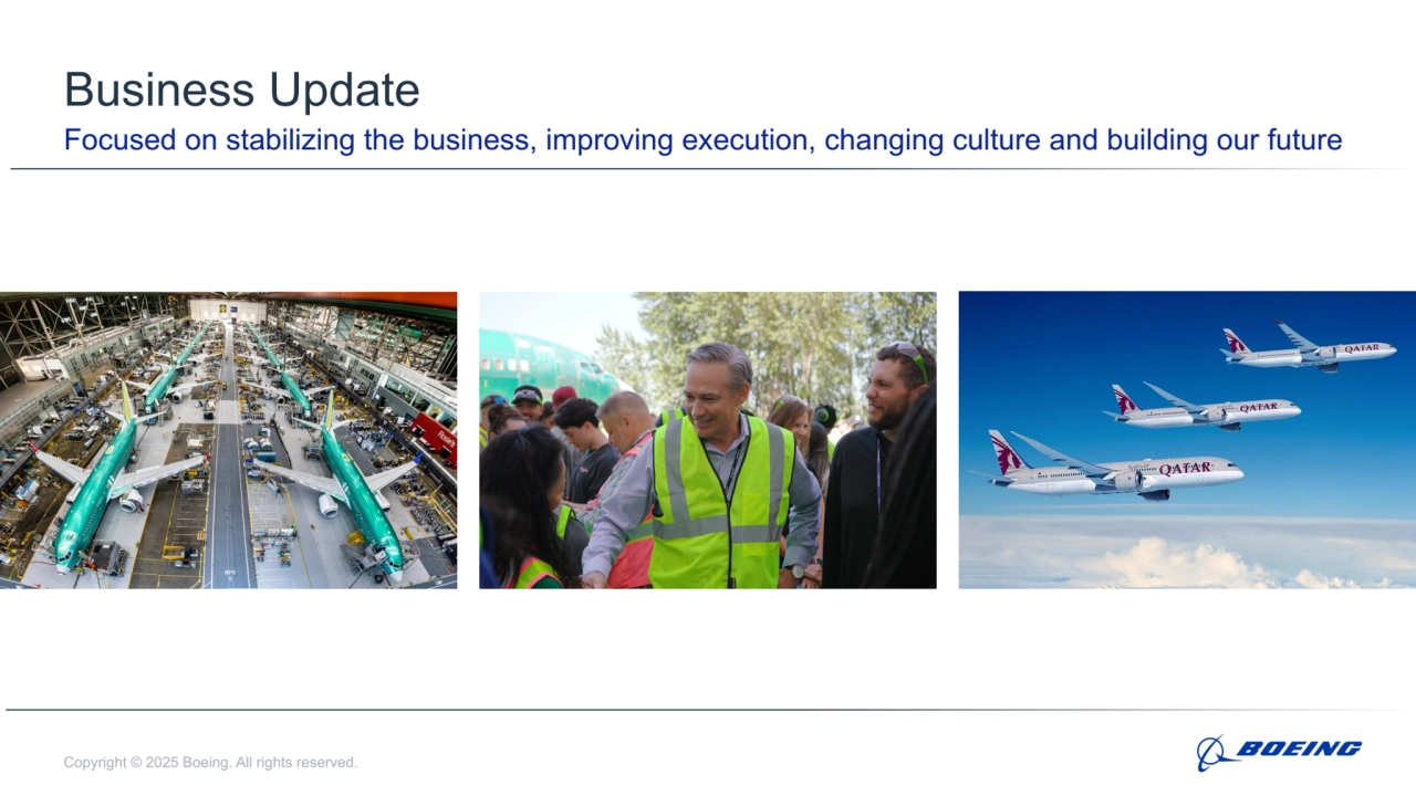 Copyright © 2025 Boeing. All rights reserved.
Business Update
Focused on stabilizing the business, improving execution, changing culture and building our future