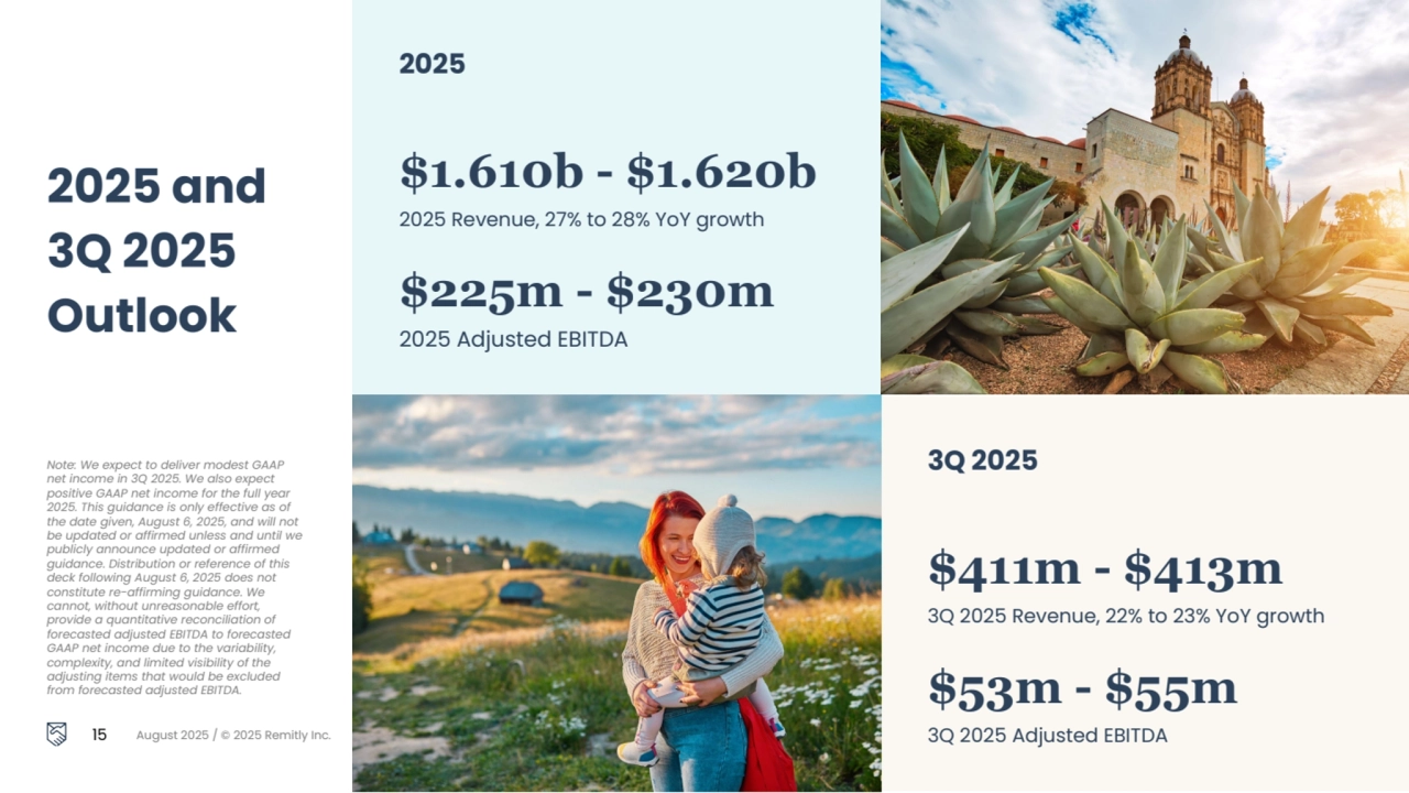 Note: We expect to deliver modest GAAP 
net income in 3Q 2025. We also expect 
positive GAAP net income for the full year 
2025. This guidance is only effective as of 
the date given, August 6, 2025, and will not 
be updated or affirmed unless and until we 
publicly announce updated or affirmed 
guidance. Distribution or reference of this 
deck following August 6, 2025 does not 
constitute re-affirming guidance. We 
cannot, without unreasonable effort, 
provide a quantitative reconciliation of 
forecasted adjusted EBITDA to forecasted 
GAAP net income due to the variability, 
complexity, and limited visibility of the 
adjusting items that would be excluded 
from forecasted adjusted EBITDA.
15 August 2025 / © 2025 Remitly Inc.
2025 and 
3Q 2025 
Outlook
2025
$1.610b - $1.620b
2025 Revenue, 27% to 28% YoY growth
$225m - $230m
2025 Adjusted EBITDA
3Q 2025
$411m - $413m
3Q 2025 Revenue, 22% to 23% YoY growth
$53m - $55m
3Q 2025 Adjusted EBITDA