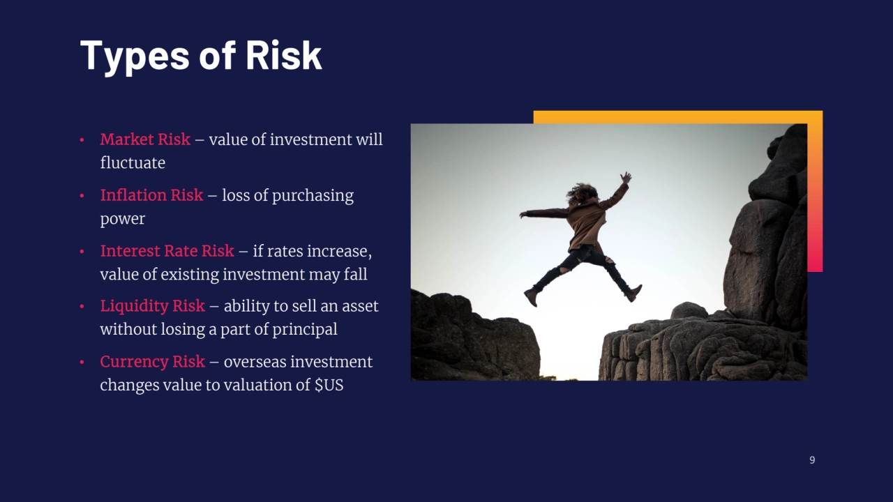 9
• Market Risk – value of investment will 
fluctuate
• Inflation Risk – loss of purchasing 
po…