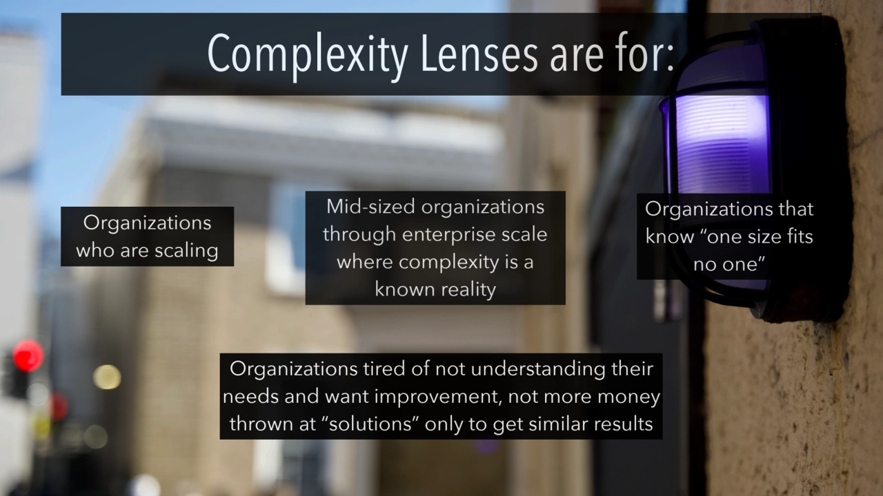 Complexity Lenses are for:
Organizations 
who are scaling
Mid-sized organizations 
through ente…