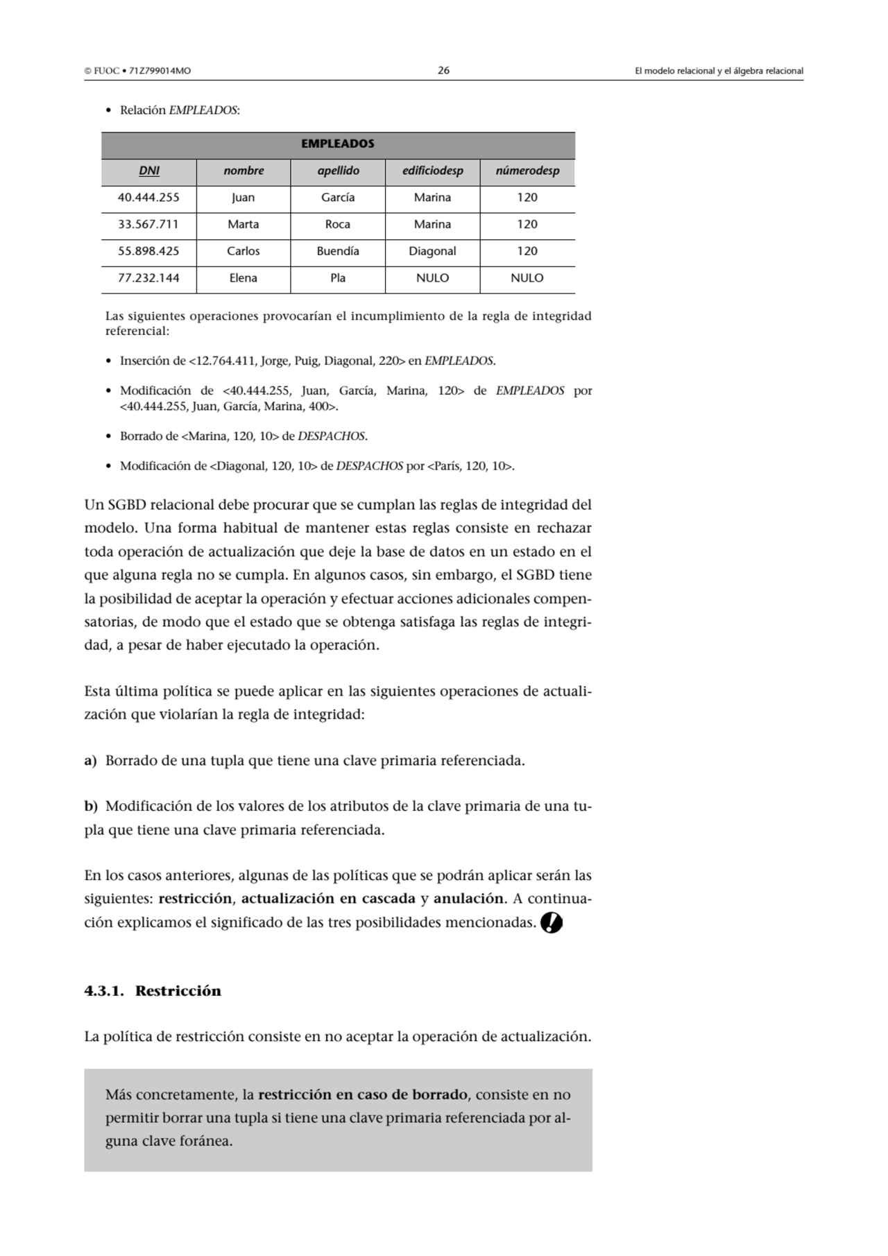  FUOC • 71Z799014MO 26 El modelo relacional y el álgebra relacional
• Relación EMPLEADOS:
Las si…