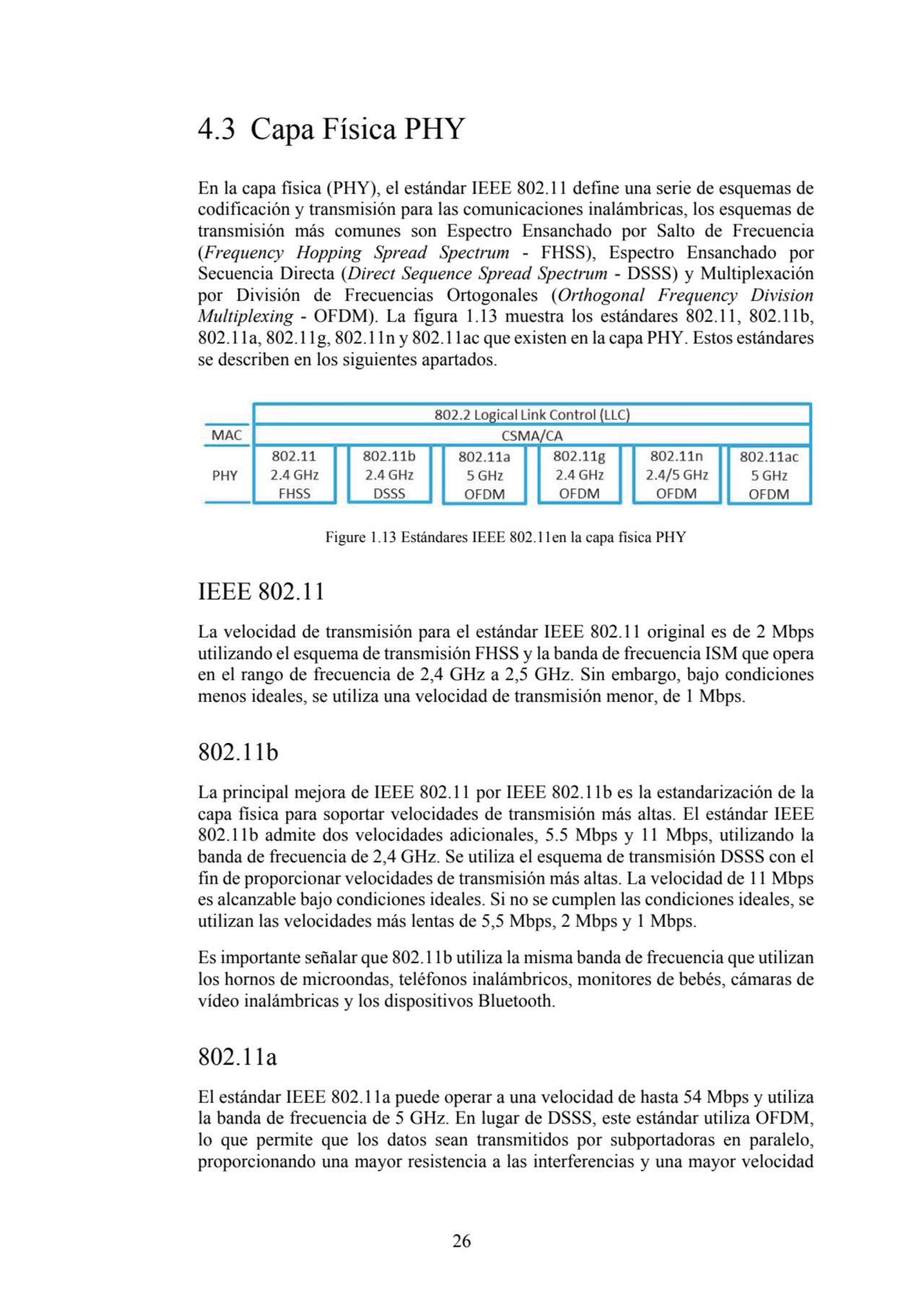 26
4.3 Capa Física PHY 
En la capa física (PHY), el estándar IEEE 802.11 define una serie de esqu…