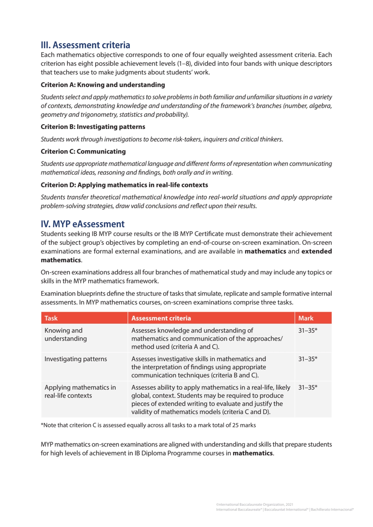 III. Assessment criteria
Each mathematics objective corresponds to one of four equally weighted as…