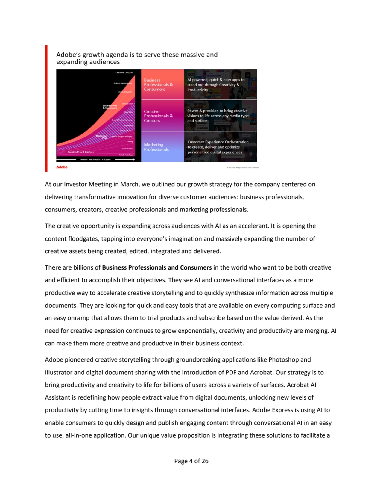 Page 4 of 26
At our Investor Meeting in March, we outlined our growth strategy for the company centered on
delivering transformative innovation for diverse customer audiences: business professionals,
consumers, creators, creative professionals and marketing professionals.
The creative opportunity is expanding across audiences with AI as an accelerant. It is opening the 
content floodgates, tapping into everyone’s imagination and massively expanding the number of 
creative assets being created, edited, integrated and delivered.
There are billions of Business Professionals and Consumers in the world who want to be both creative 
and efficient to accomplish their objectives. They see AI and conversational interfaces as a more 
productive way to accelerate creative storytelling and to quickly synthesize information across multiple 
documents. They are looking for quick and easy tools that are available on every computing surface and 
an easy onramp that allows them to trial products and subscribe based on the value derived. As the 
need for creative expression continues to grow exponentially, creativity and productivity are merging. AI 
can make them more creative and productive in their business context. 
Adobe pioneered creative storytelling through groundbreaking applications like Photoshop and 
Illustrator and digital document sharing with the introduction of PDF and Acrobat. Our strategy is to 
bring productivity and creativity to life for billions of users across a variety of surfaces. Acrobat AI 
Assistant is redefining how people extract value from digital documents, unlocking new levels of 
productivity by cutting time to insights through conversational interfaces. Adobe Express is using AI to 
enable consumers to quickly design and publish engaging content through conversational AI in an easy 
to use, all-in-one application. Our unique value proposition is integrating these solutions to facilitate a 