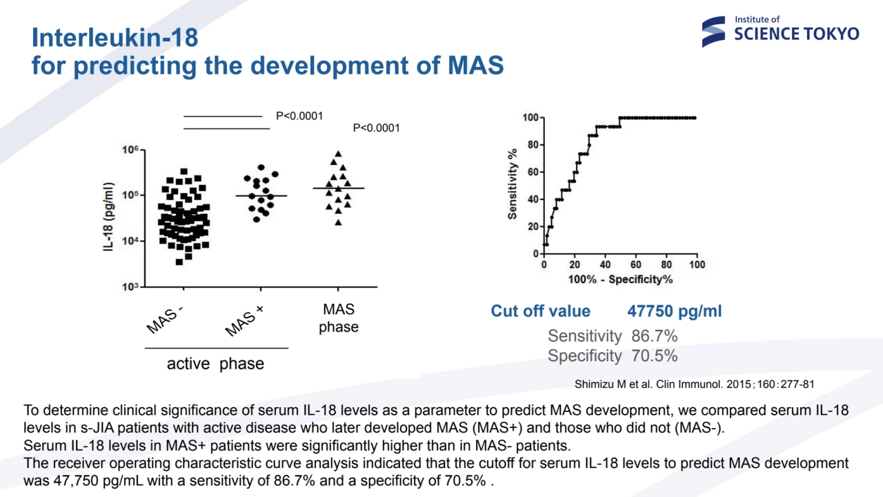 Interleukin-18 
for predicting the development of MAS
Cut off value 47750 pg/ml
Sensitivity 86.7…