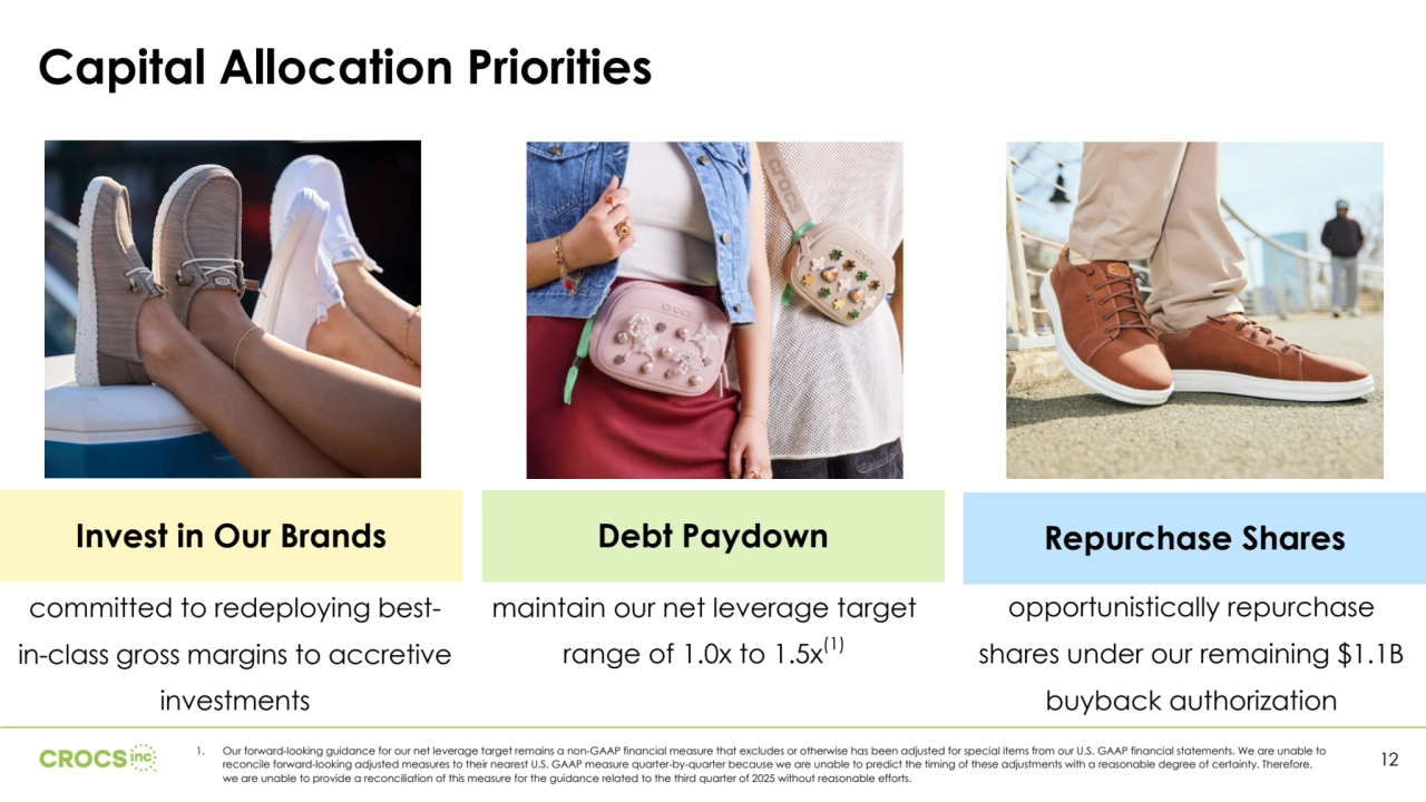 Debt Paydown Repurchase Shares
opportunistically repurchase 
shares under our remaining $1.1B
buyback authorization
maintain our net leverage target 
range of 1.0x to 1.5x(1)
committed to redeploying bestin-class gross margins to accretive 
investments
Invest in Our Brands
Capital Allocation Priorities
12 1. Our forward-looking guidance for our net leverage target remains a non-GAAP financial measure that excludes or otherwise has been adjusted for special items from our U.S. GAAP financial statements. We are unable to 
reconcile forward-looking adjusted measures to their nearest U.S. GAAP measure quarter-by-quarter because we are unable to predict the timing of these adjustments with a reasonable degree of certainty. Therefore, 
we are unable to provide a reconciliation of this measure for the guidance related to the third quarter of 2025 without reasonable efforts. 