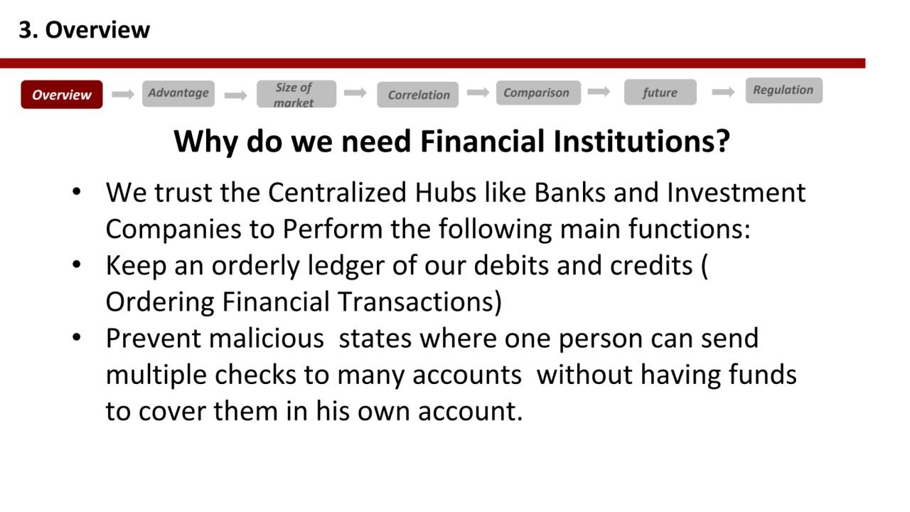 3. Overview
Why do we need Financial Institutions? 
• We trust the Centralized Hubs like Banks an…