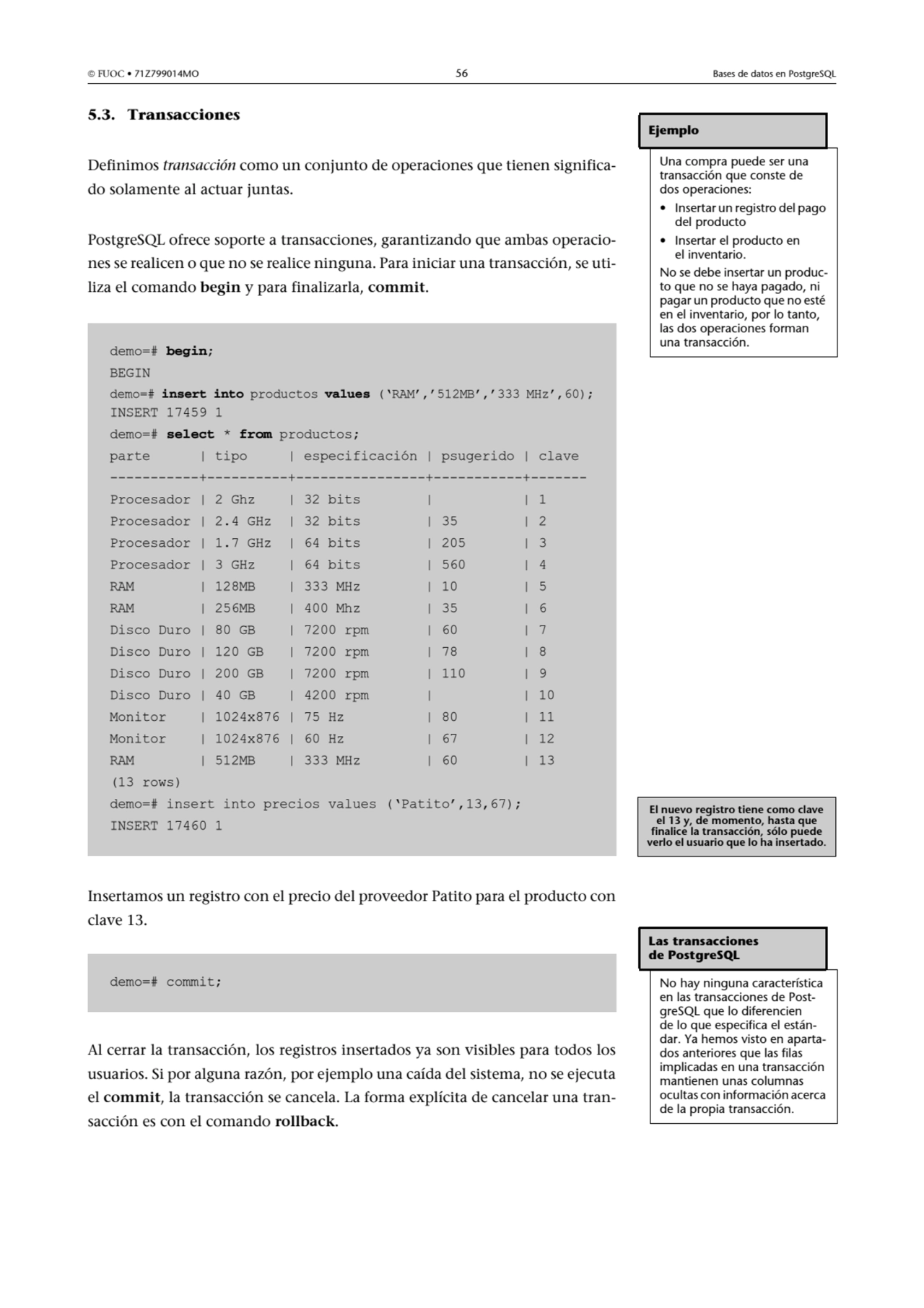  FUOC • 71Z799014MO 56 Bases de datos en PostgreSQL
5.3. Transacciones
Definimos transacción com…