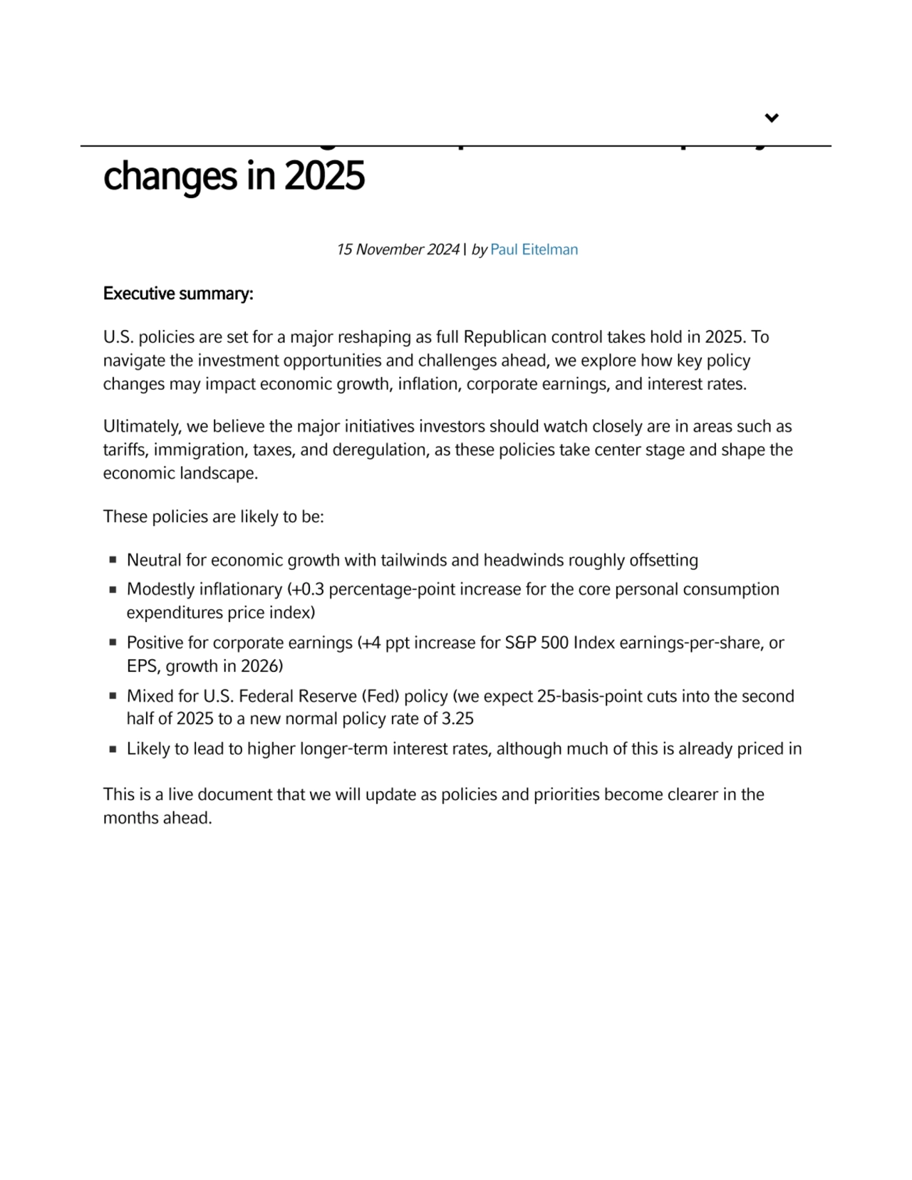 An investor's guide to potential U.S. policy
changes in 2025
15 November 2024 | by Paul Eitelman
…