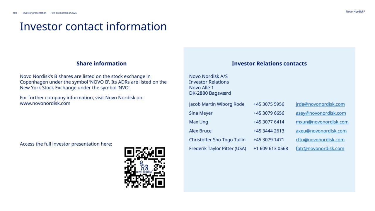 180 Novo Nordisk®
Investor presentation First six months of 2025
Investor contact information
Share information
Novo Nordisk’s B shares are listed on the stock exchange in 
Copenhagen under the symbol ‘NOVO B’. Its ADRs are listed on the 
New York Stock Exchange under the symbol ‘NVO’. 
For further company information, visit Novo Nordisk on: 
www.novonordisk.com
Access the full investor presentation here:
Investor Relations contacts
Novo Nordisk A/S 
Investor Relations 
Novo Allé 1 
DK-2880 Bagsværd
Jacob Martin Wiborg Rode +45 3075 5956 jrde@novonordisk.com
Sina Meyer +45 3079 6656 azey@novonordisk.com
Max Ung +45 3077 6414 mxun@novonordisk.com
Alex Bruce +45 3444 2613 axeu@novonordisk.com
Christoffer Sho Togo Tullin +45 3079 1471 cftu@novonordisk.com
Frederik Taylor Pitter (USA) +1 609 613 0568 fptr@novonordisk.com
