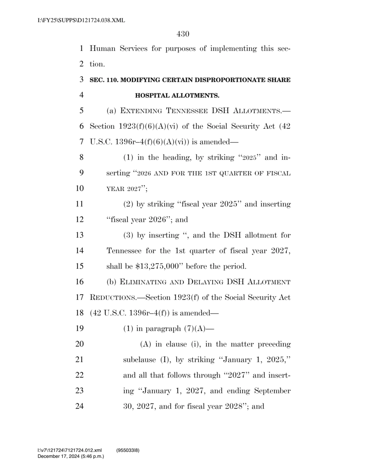 430 
1 Human Services for purposes of implementing this sec2 tion. 
3 SEC. 110. MODIFYING CERTAI…