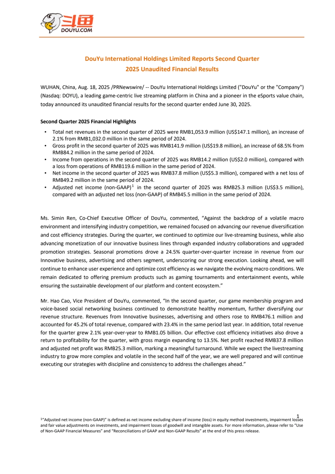 1
DouYu International Holdings Limited Reports Second Quarter 
2025 Unaudited Financial Results
WUHAN, China, Aug. 18, 2025 /PRNewswire/ -- DouYu International Holdings Limited ("DouYu" or the "Company") 
(Nasdaq: DOYU), a leading game-centric live streaming platform in China and a pioneer in the eSports value chain,
today announced its unaudited financial results for the second quarter ended June 30, 2025.
Second Quarter 2025 Financial Highlights
• Total net revenues in the second quarter of 2025 were RMB1,053.9 million (US$147.1 million), an increase of 
2.1% from RMB1,032.0 million in the same period of 2024.
• Gross profit in the second quarter of 2025 was RMB141.9 million (US$19.8 million), an increase of 68.5% from 
RMB84.2 million in the same period of 2024.
• Income from operations in the second quarter of 2025 was RMB14.2 million (US$2.0 million), compared with 
a loss from operations of RMB119.6 million in the same period of 2024.
• Net income in the second quarter of 2025 was RMB37.8 million (US$5.3 million), compared with a net loss of 
RMB49.2 million in the same period of 2024.
• Adjusted net income (non-GAAP)1 in the second quarter of 2025 was RMB25.3 million (US$3.5 million), 
compared with an adjusted net loss (non-GAAP) of RMB45.5 million in the same period of 2024.
Ms. Simin Ren, Co-Chief Executive Officer of DouYu, commented, “Against the backdrop of a volatile macro 
environment and intensifying industry competition, we remained focused on advancing our revenue diversification 
and cost efficiency strategies. During the quarter, we continued to optimize our live-streaming business, while also 
advancing monetization of our innovative business lines through expanded industry collaborations and upgraded
promotion strategies. Seasonal promotions drove a 24.5% quarter-over-quarter increase in revenue from our
Innovative business, advertising and others segment, underscoring our strong execution. Looking ahead, we will 
continue to enhance user experience and optimize cost efficiency as we navigate the evolving macro conditions. We 
remain dedicated to offering premium products such as gaming tournaments and entertainment events, while 
ensuring the sustainable development of our platform and content ecosystem.”
Mr. Hao Cao, Vice President of DouYu, commented, “In the second quarter, our game membership program and 
voice-based social networking business continued to demonstrate healthy momentum, further diversifying our 
revenue structure. Revenues from Innovative businesses, advertising and others rose to RMB476.1 million and
accounted for 45.2% of total revenue, compared with 23.4% in the same period last year. In addition, total revenue 
for the quarter grew 2.1% year-over-year to RMB1.05 billion. Our effective cost efficiency initiatives also drove a 
return to profitability for the quarter, with gross margin expanding to 13.5%. Net profit reached RMB37.8 million 
and adjusted net profit was RMB25.3 million, marking a meaningful turnaround. While we expect the livestreaming 
industry to grow more complex and volatile in the second half of the year, we are well prepared and will continue 
executing our strategies with discipline and consistency to address the challenges ahead.”
1“Adjusted net income (non-GAAP)” is defined as net income excluding share of income (loss) in equity method investments, impairment losses 
and fair value adjustments on investments, and impairment losses of goodwill and intangible assets. For more information, please refer to “Use 
of Non-GAAP Financial Measures” and “Reconciliations of GAAP and Non-GAAP Results” at the end of this press release.