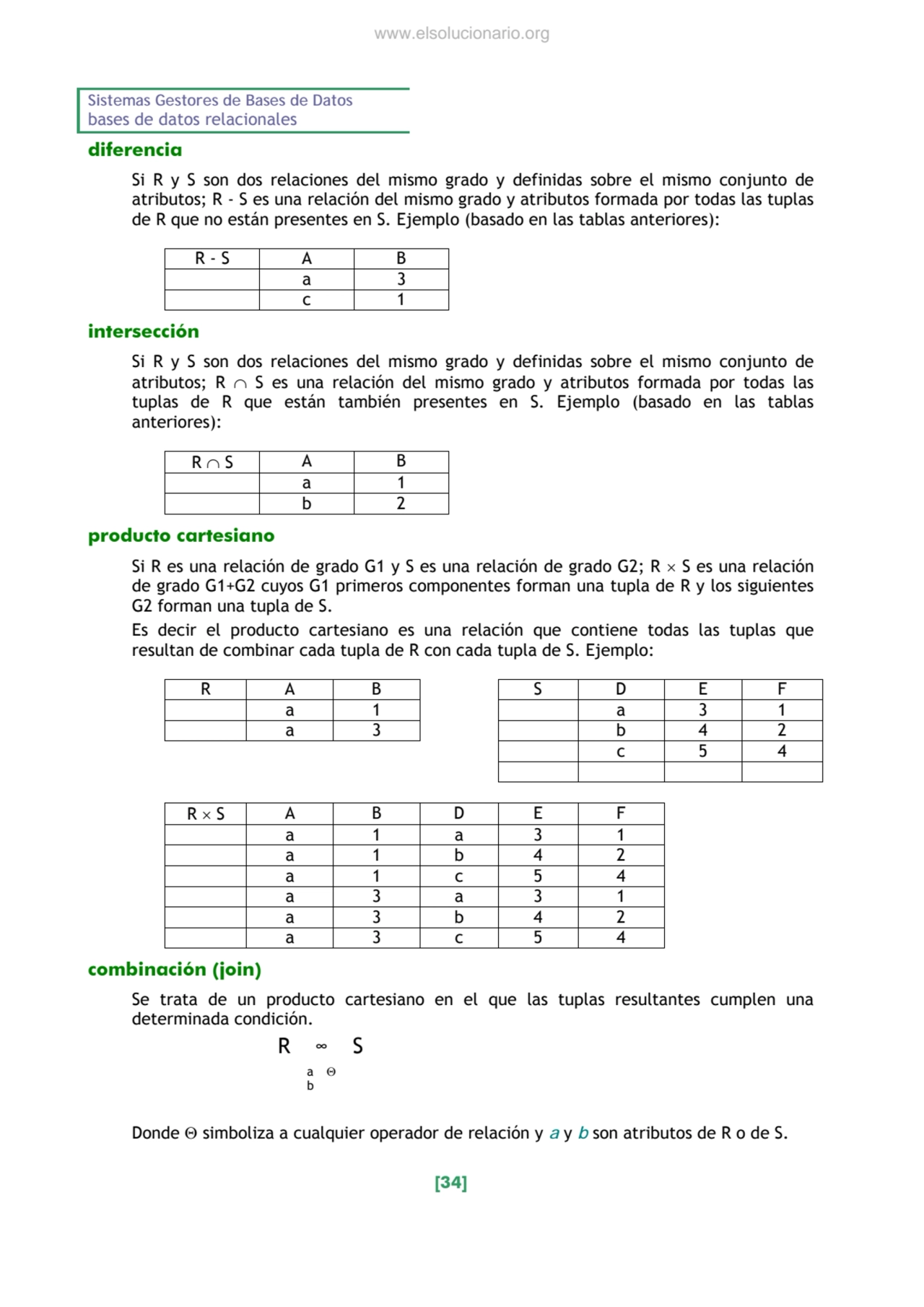 Sistemas Gestores de Bases de Datos 
bases de datos relacionales 
[34] 
diferencia 
Si R y S so…