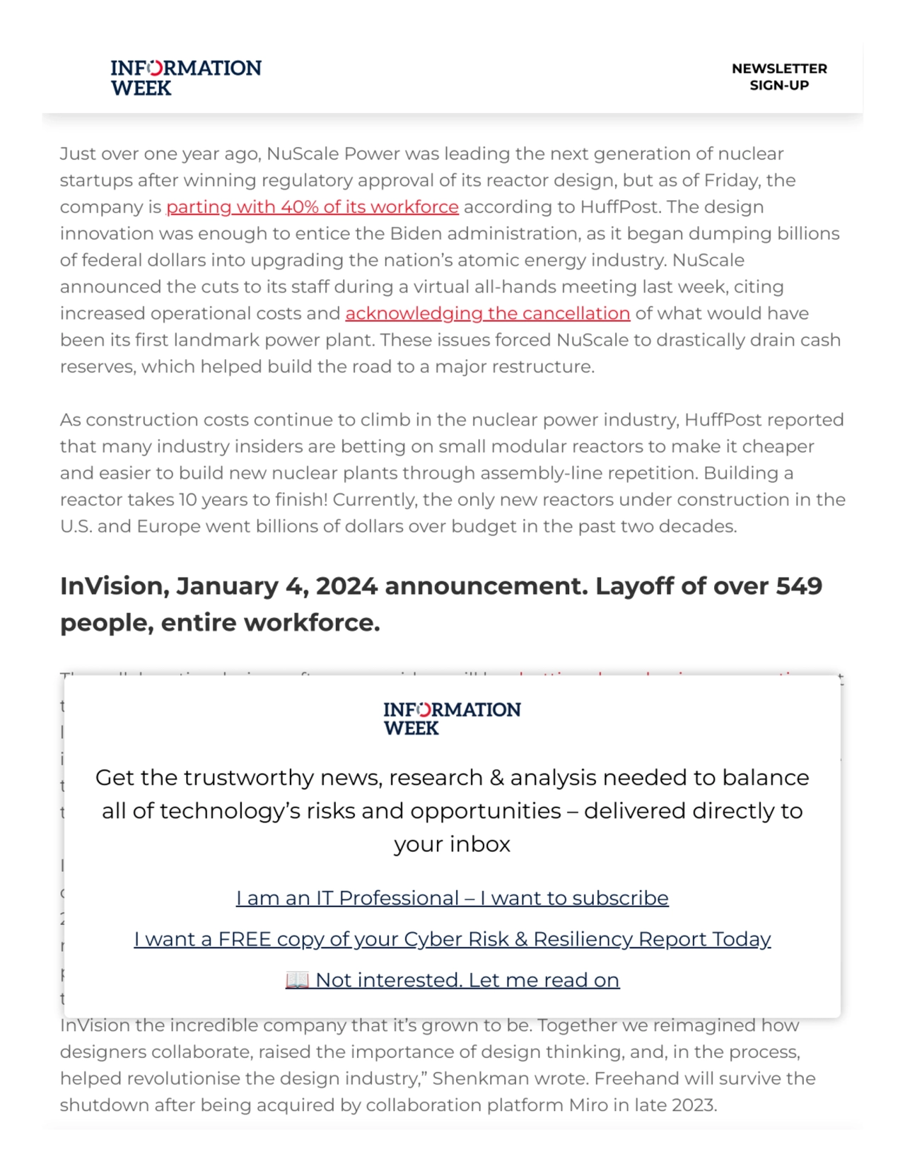 NuScale Power, January 5, 2024 announcement. Layoff of
40% of workforce.
Just over one year ago, …