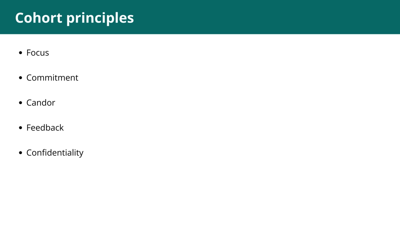 Cohort principles
Focus
Commitment
Candor
Feedback
Confidentiality