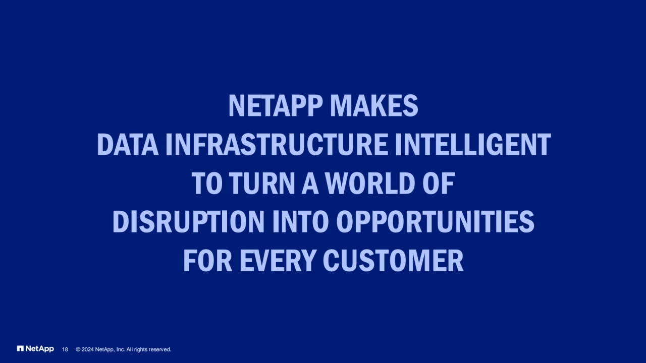 NETAPP MAKES 
DATA INFRASTRUCTURE INTELLIGENT 
TO TURN A WORLD OF 
DISRUPTION INTO OPPORTUNITIES 
FOR EVERY CUSTOMER 
18 © 2024 NetApp, Inc. All rights reserved.