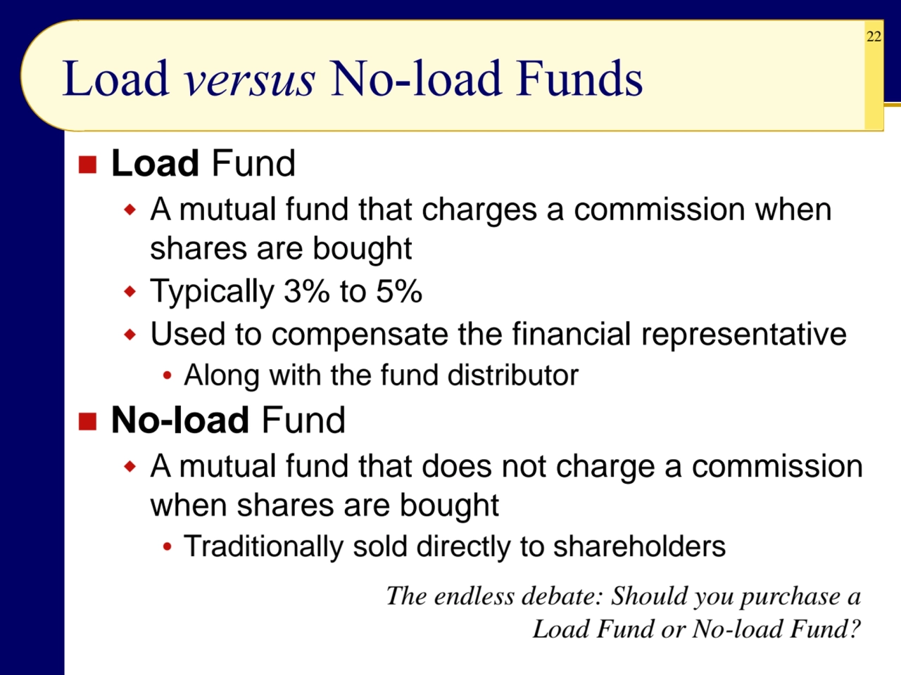 22
Load versus No-load Funds
◼ Load Fund
 A mutual fund that charges a commission when 
shares…