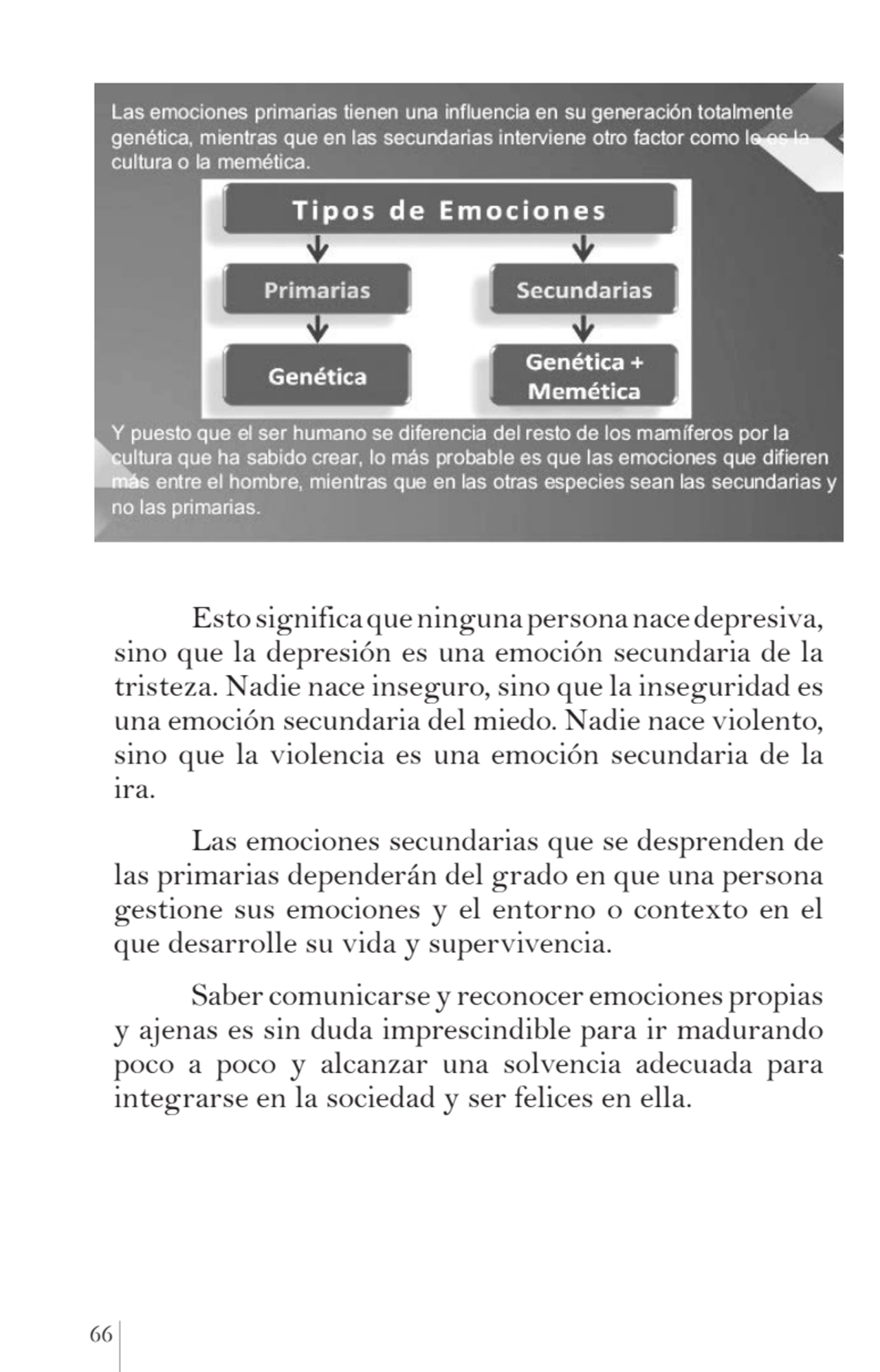 66 
Esto significa que ninguna persona nace depresiva, 
sino que la depresión es una emoción secu…