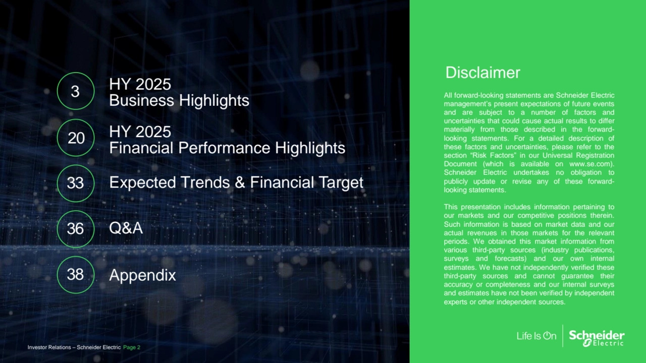 HY 2025 
Business Highlights
HY 2025
Financial Performance Highlights
Expected Trends & Financial Target
All forward-looking statements are Schneider Electric
management’s present expectations of future events
and are subject to a number of factors and
uncertainties that could cause actual results to differ
materially from those described in the forwardlooking statements. For a detailed description of
these factors and uncertainties, please refer to the
section “Risk Factors” in our Universal Registration
Document (which is available on www.se.com).
Schneider Electric undertakes no obligation to
publicly update or revise any of these forwardlooking statements.
This presentation includes information pertaining to
our markets and our competitive positions therein.
Such information is based on market data and our
actual revenues in those markets for the relevant
periods. We obtained this market information from
various third-party sources (industry publications,
surveys and forecasts) and our own internal
estimates. We have not independently verified these
third-party sources and cannot guarantee their
accuracy or completeness and our internal surveys
and estimates have not been verified by independent
experts or other independent sources.
Q&A
Disclaimer
3
20
33
36
38 Appendix
Investor Relations – Schneider Electric Page 2