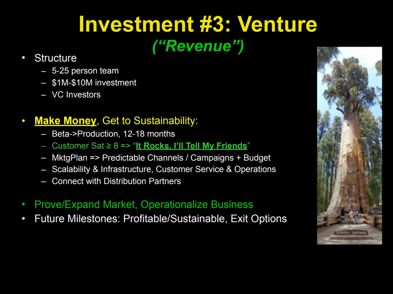 Investment #3: Venture
(“Revenue”)
• Structure
– 5-25 person team
– $1M-$10M investment
– VC I…