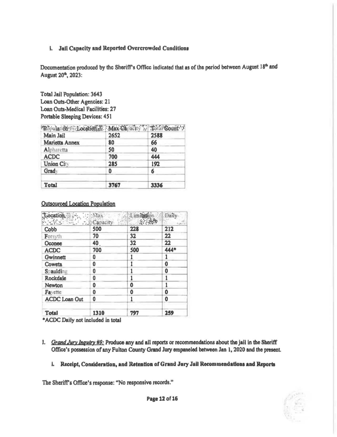 i Jall Capacity and Reported Overcrowded Conditions
Documentation producedbythe Sherif’s Office in…