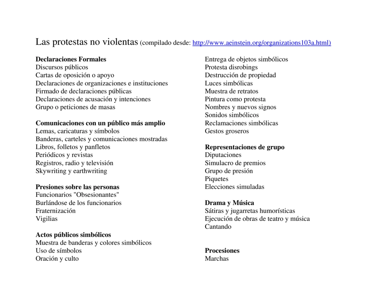 Las protestas no violentas (compilado desde: http://www.aeinstein.org/organizations103a.html)
Decl…