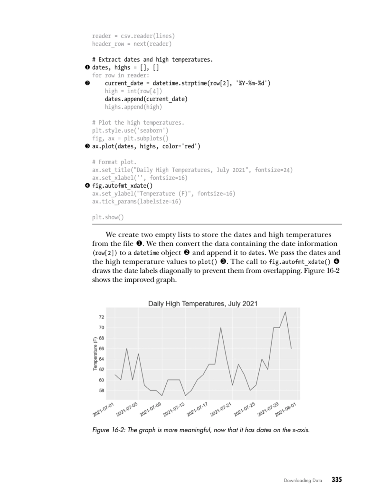 Downloading Data   335
reader = csv.reader(lines)
header_row = next(reader)
# Extract dates and …