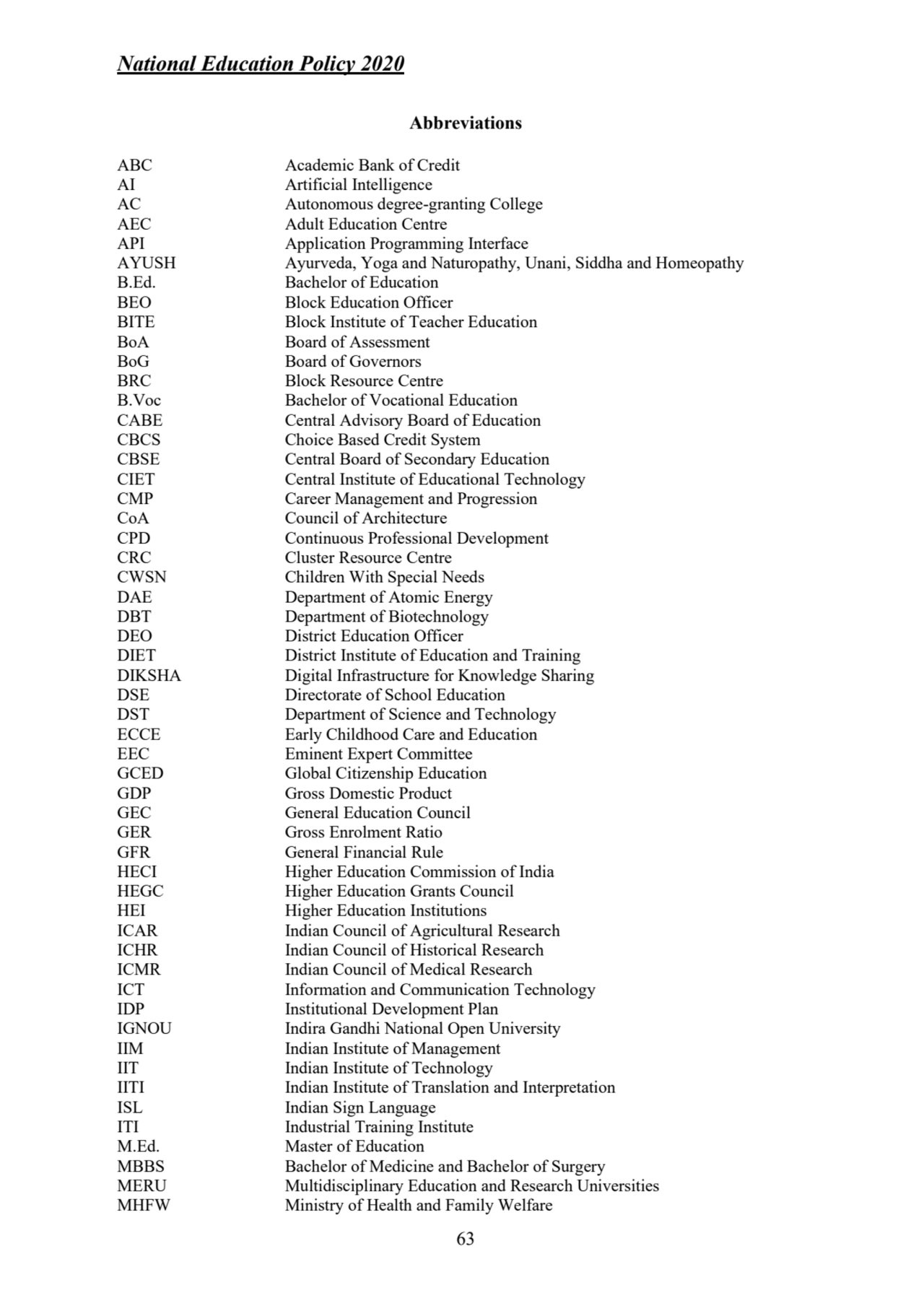 National Education Policy 2020
63
Abbreviations
ABC Academic Bank of Credit
AI Artificial Intel…