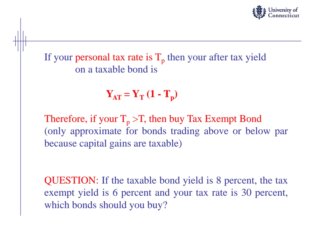 If your personal tax rate is Tp
then your after tax yield
on a taxable bond is
YAT = YT(1 - Tp)
…