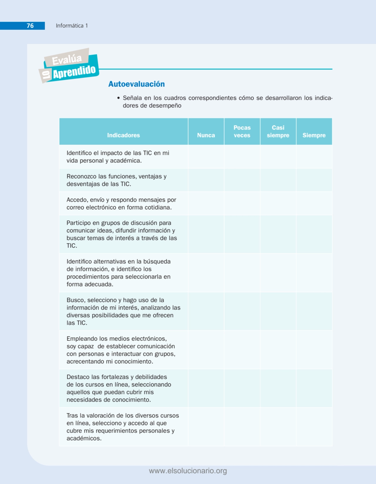 76 Informática 1
Evalúa
LOAprendido
Autoevaluación
• Señala en los cuadros correspondientes cóm…