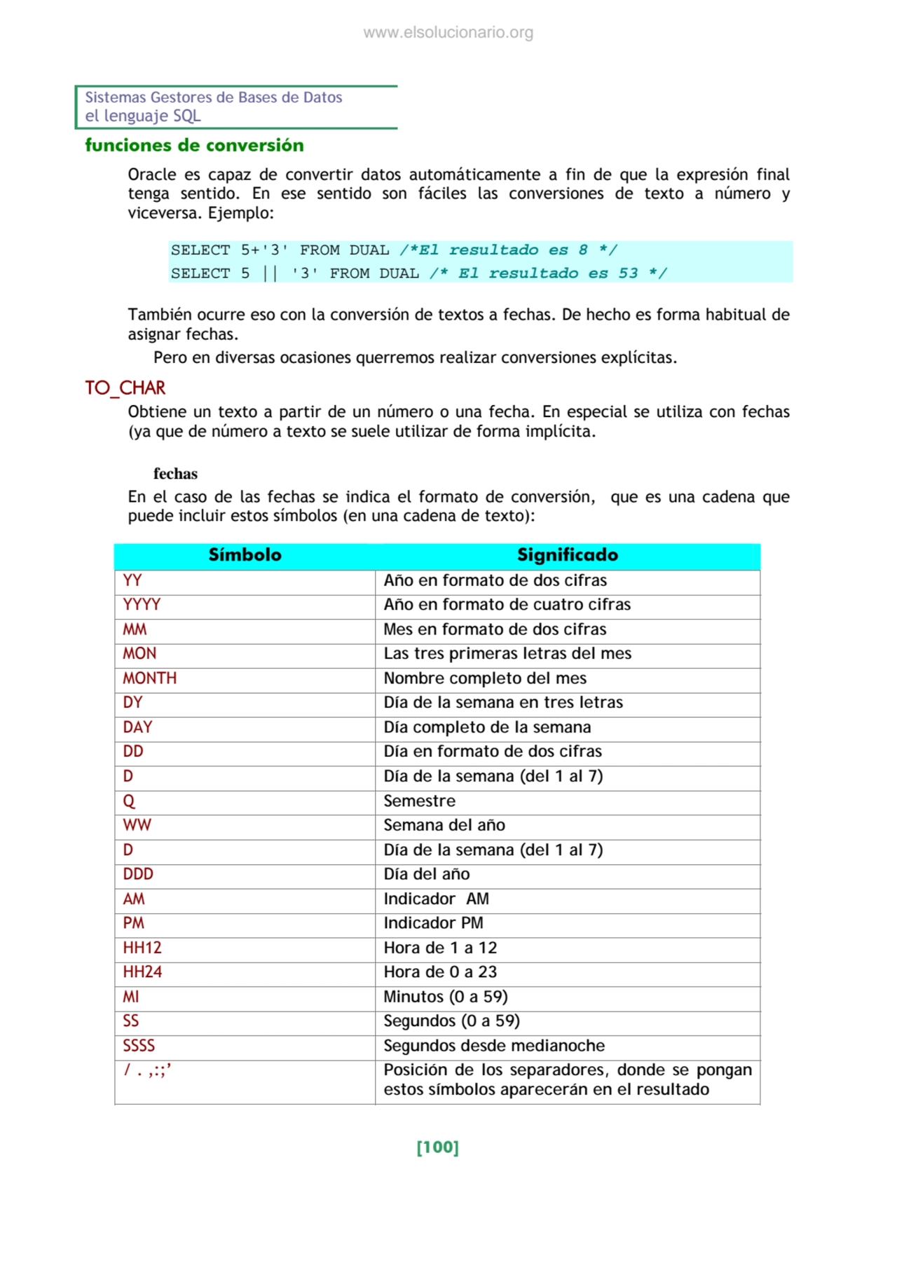 Sistemas Gestores de Bases de Datos 
el lenguaje SQL 
[100] 
funciones de conversión 
Oracle es…