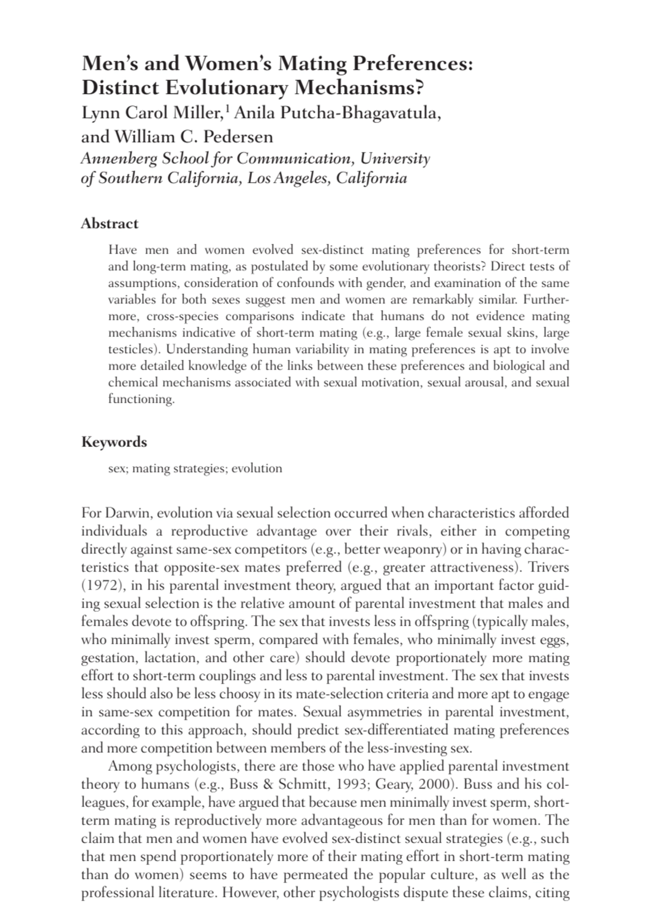 Men’s and Women’s Mating Preferences: 
Distinct Evolutionary Mechanisms?
Lynn Carol Miller,1 Anil…