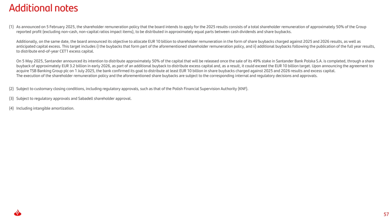 57
Additional notes
(1) As announced on 5 February 2025, the shareholder remuneration policy that the board intends to apply for the 2025 results consists of a total shareholder remuneration of approximately 50% of the Group 
reported profit (excluding non-cash, non-capital ratios impact items), to be distributed in approximately equal parts between cash dividends and share buybacks.
Additionally, on the same date, the board announced its objective to allocate EUR 10 billion to shareholder remuneration in the form of share buybacks charged against 2025 and 2026 results, as well as 
anticipated capital excess. This target includes i) the buybacks that form part of the aforementioned shareholder remuneration policy, and ii) additional buybacks following the publication of the full year results, 
to distribute end-of-year CET1 excess capital.
On 5 May 2025, Santander announced its intention to distribute approximately 50% of the capital that will be released once the sale of its 49% stake in Santander Bank Polska S.A. is completed, through a share 
buyback of approximately EUR 3.2 billion in early 2026, as part of an additional buyback to distribute excess capital and, as a result, it could exceed the EUR 10 billion target. Upon announcing the agreement to 
acquire TSB Banking Group plc on 1 July 2025, the bank confirmed its goal to distribute at least EUR 10 billion in share buybacks charged against 2025 and 2026 results and excess capital.
The execution of the shareholder remuneration policy and the aforementioned share buybacks are subject to the corresponding internal and regulatory decisions and approvals.
(2) Subject to customary closing conditions, including regulatory approvals, such as that of the Polish Financial Supervision Authority (KNF).
(3) Subject to regulatory approvals and Sabadell shareholder approval. 
(4) Including intangible amortization.