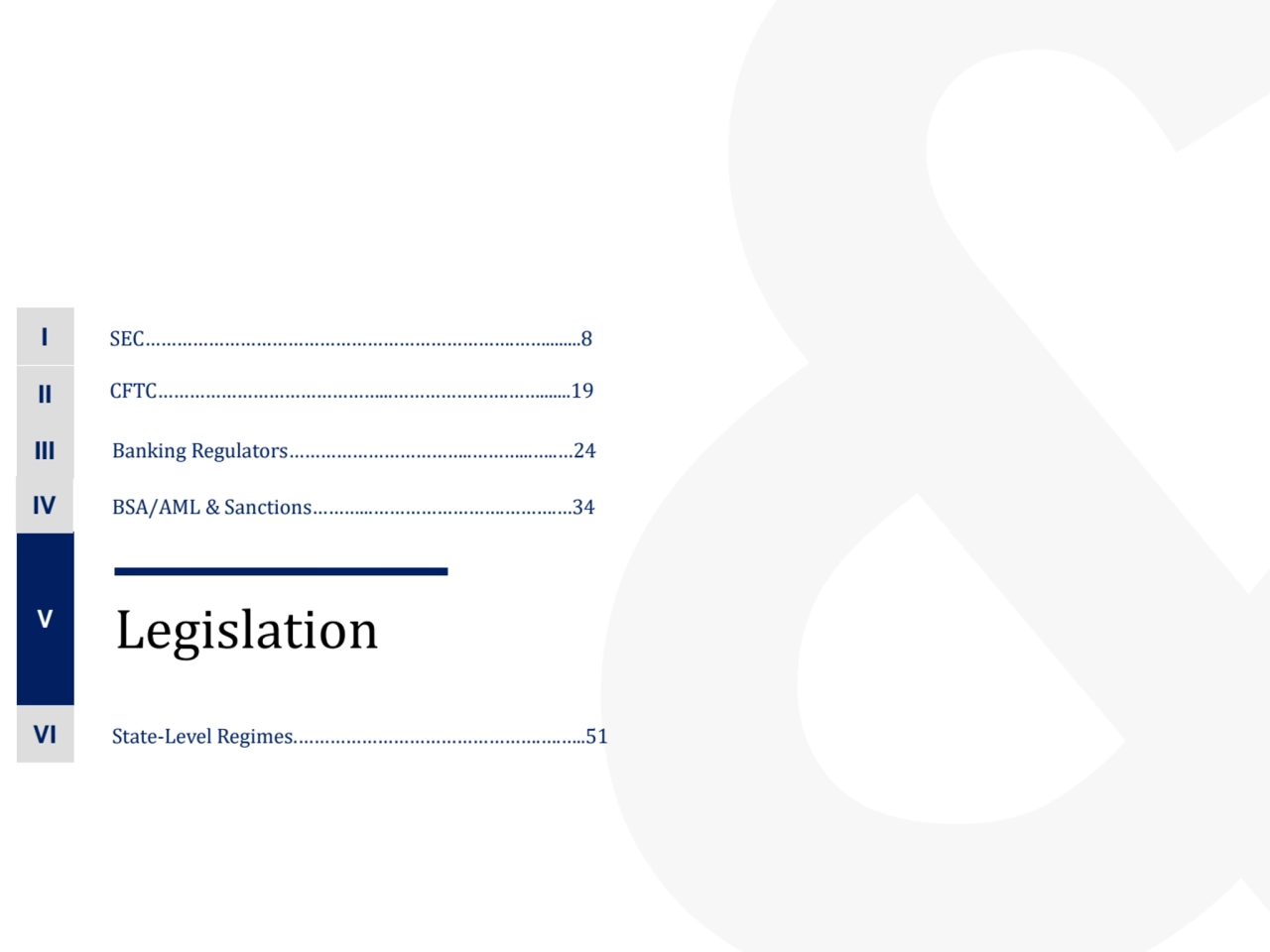 Legislation V
II
III
SEC…………………………………………………………….……........8
IV
VI State-Level Regimes.………………………