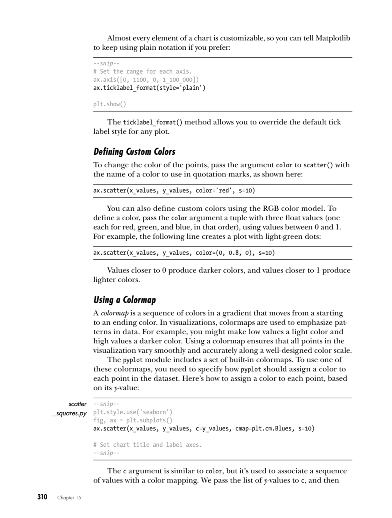 310   Chapter 15
Almost every element of a chart is customizable, so you can tell Matplotlib 
to …