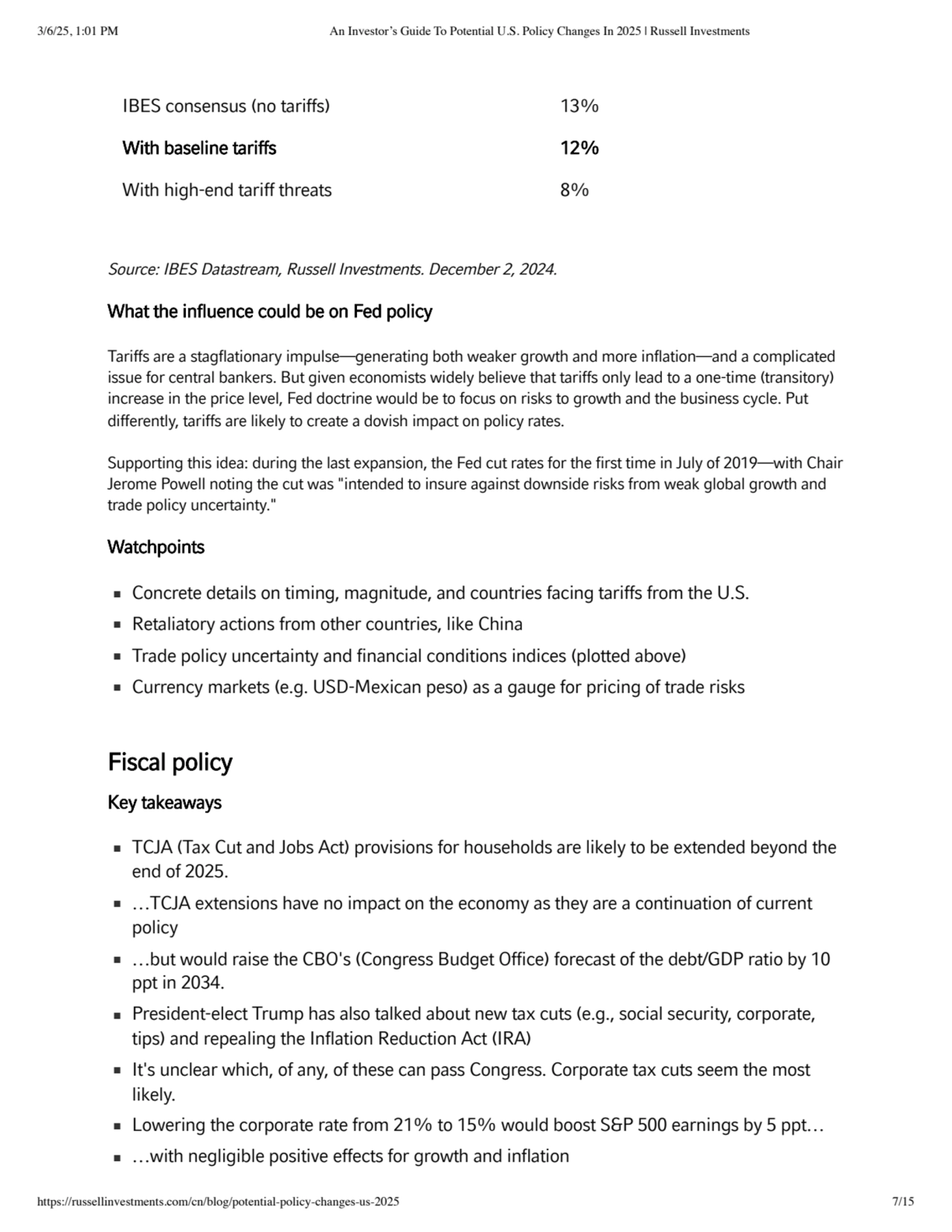 Source: IBES Datastream, Russell Investments. December 2, 2024.
What the influence could be on Fed…