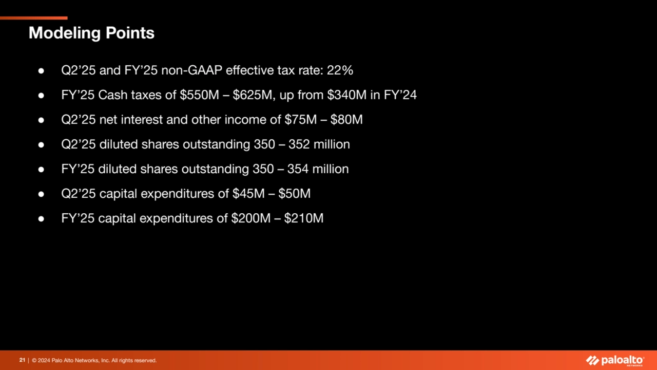 | © 2024 Palo Alto Networks, Inc. All rights reserved. 
Modeling Points
21
● Q2’25 and FY’25 non…