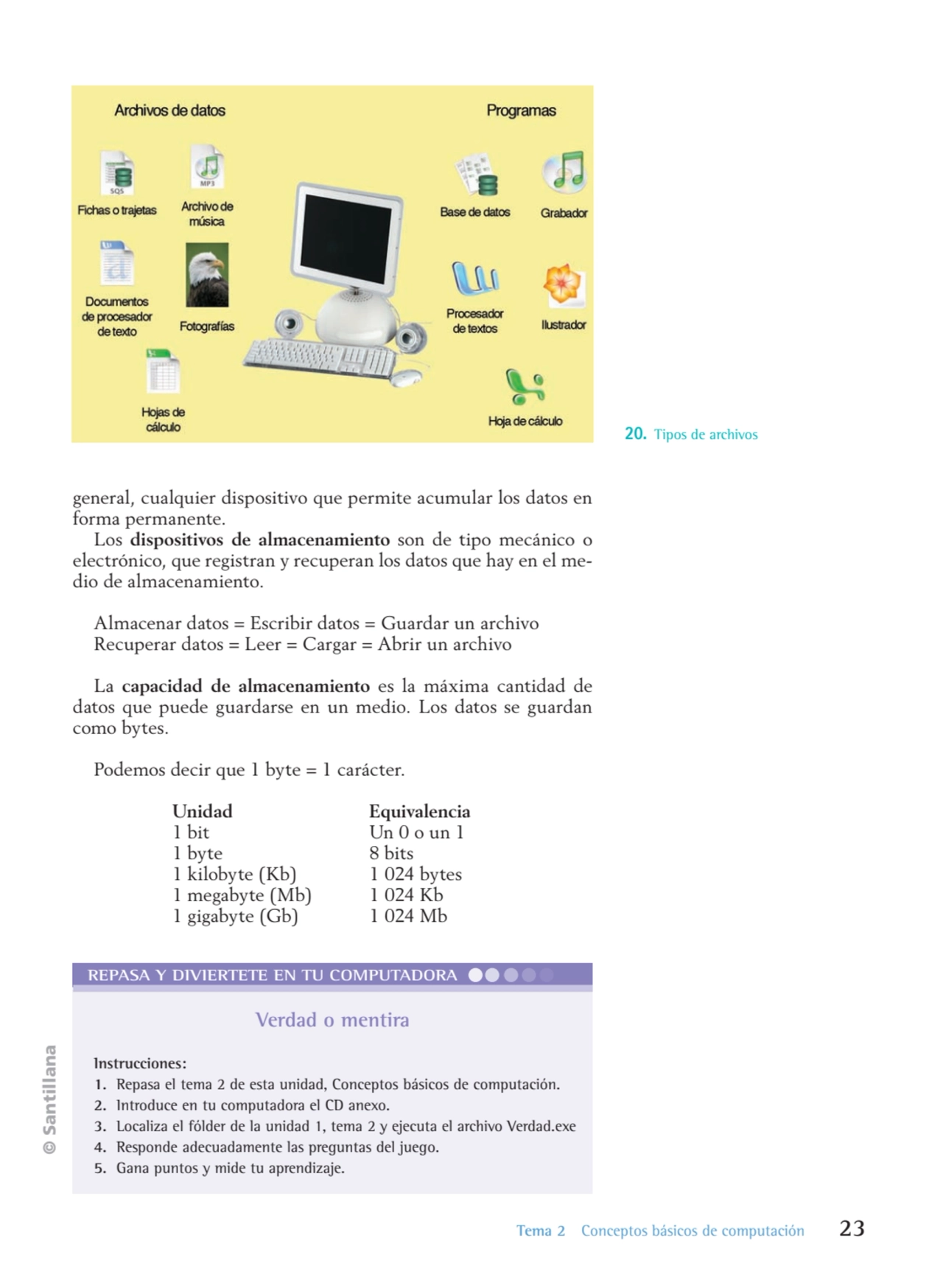 © Santillana
 Tema 2 Conceptos básicos de computación 23
20. Tipos de archivos
general, cualquie…