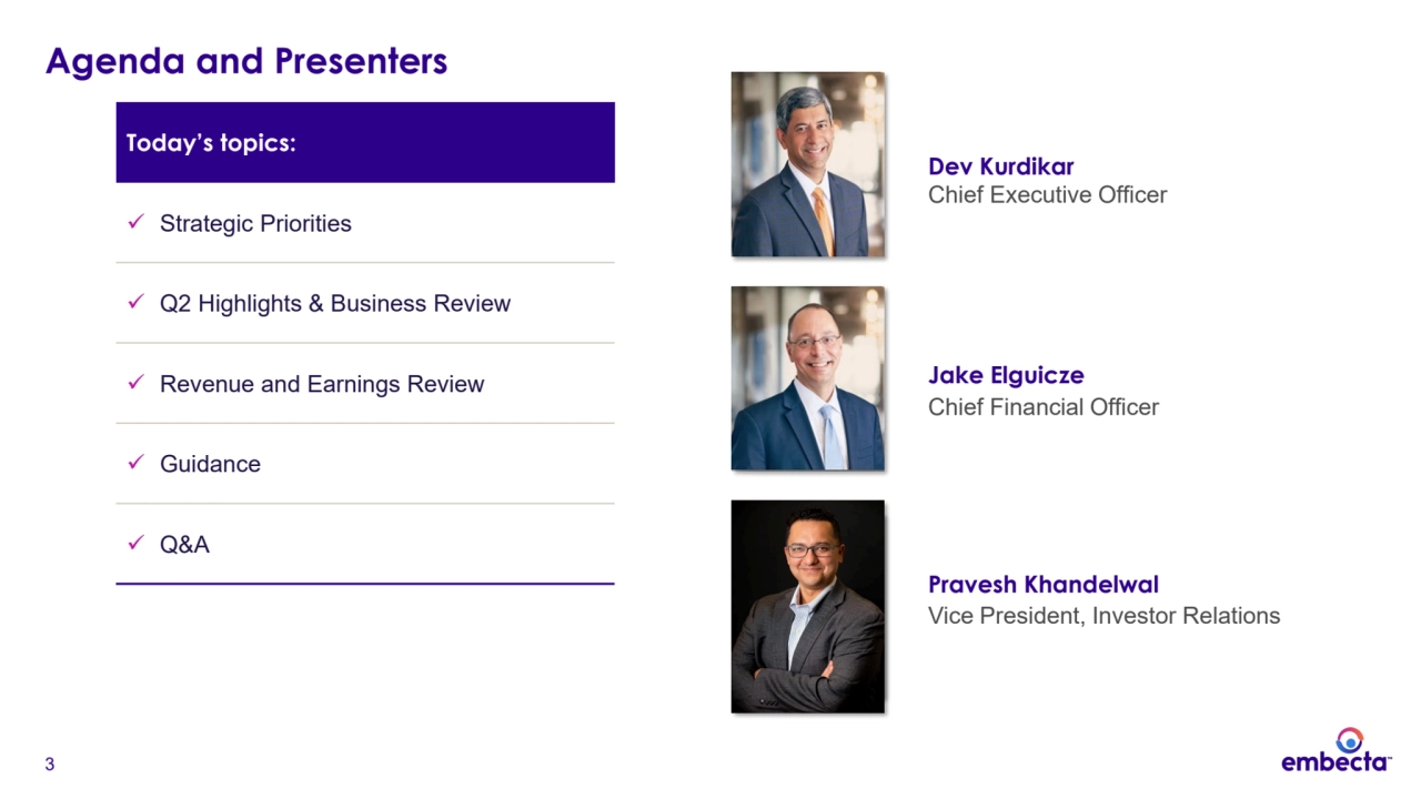 3
Agenda and Presenters
Today’s topics:
 Strategic Priorities
 Q2 Highlights & Business Review
 Revenue and Earnings Review
 Guidance
 Q&A
Pravesh Khandelwal
Vice President, Investor Relations
Jake Elguicze
Chief Financial Officer
Dev Kurdikar
Chief Executive Officer