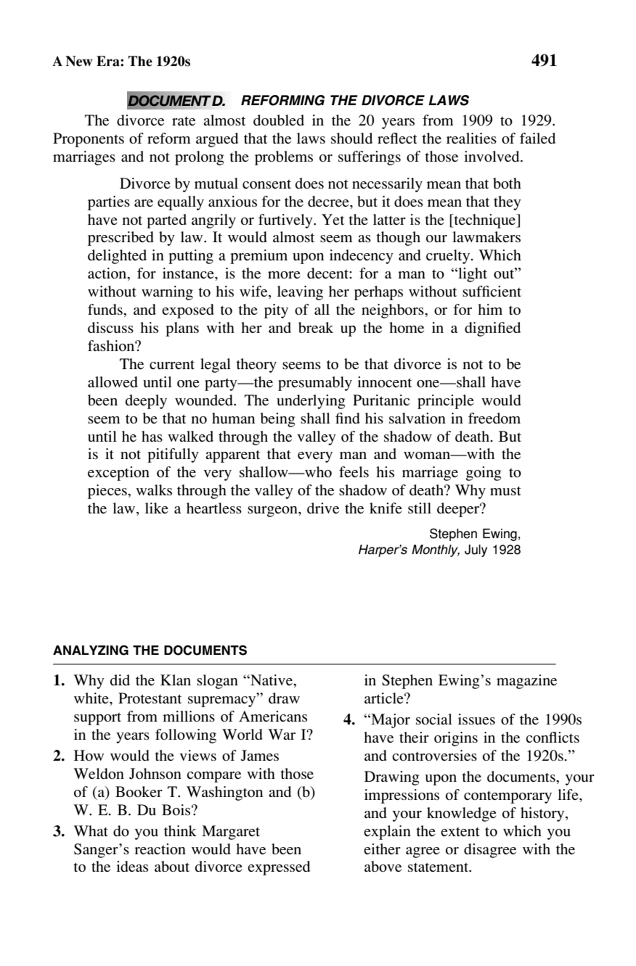 A New Era: The 1920s 491
DOCUMENT D. REFORMING THE DIVORCE LAWS
The divorce rate almost doubled i…