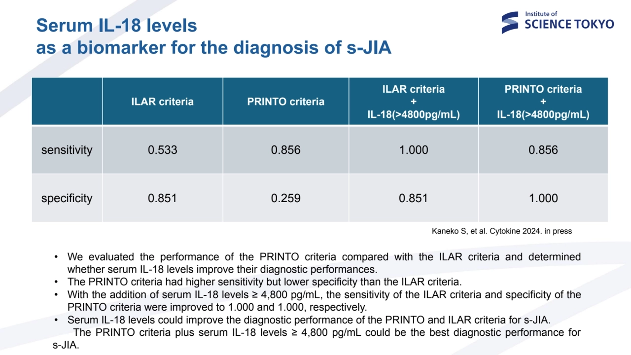 Serum IL-18 levels
as a biomarker for the diagnosis of s-JIA 
ILAR criteria PRINTO criteria
ILAR…