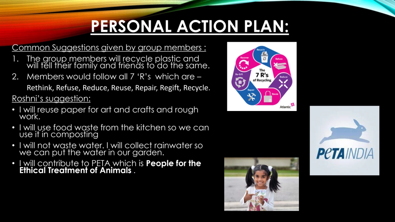 PERSONAL ACTION PLAN:
Common Suggestions given by group members :
1. The group members will recyc…