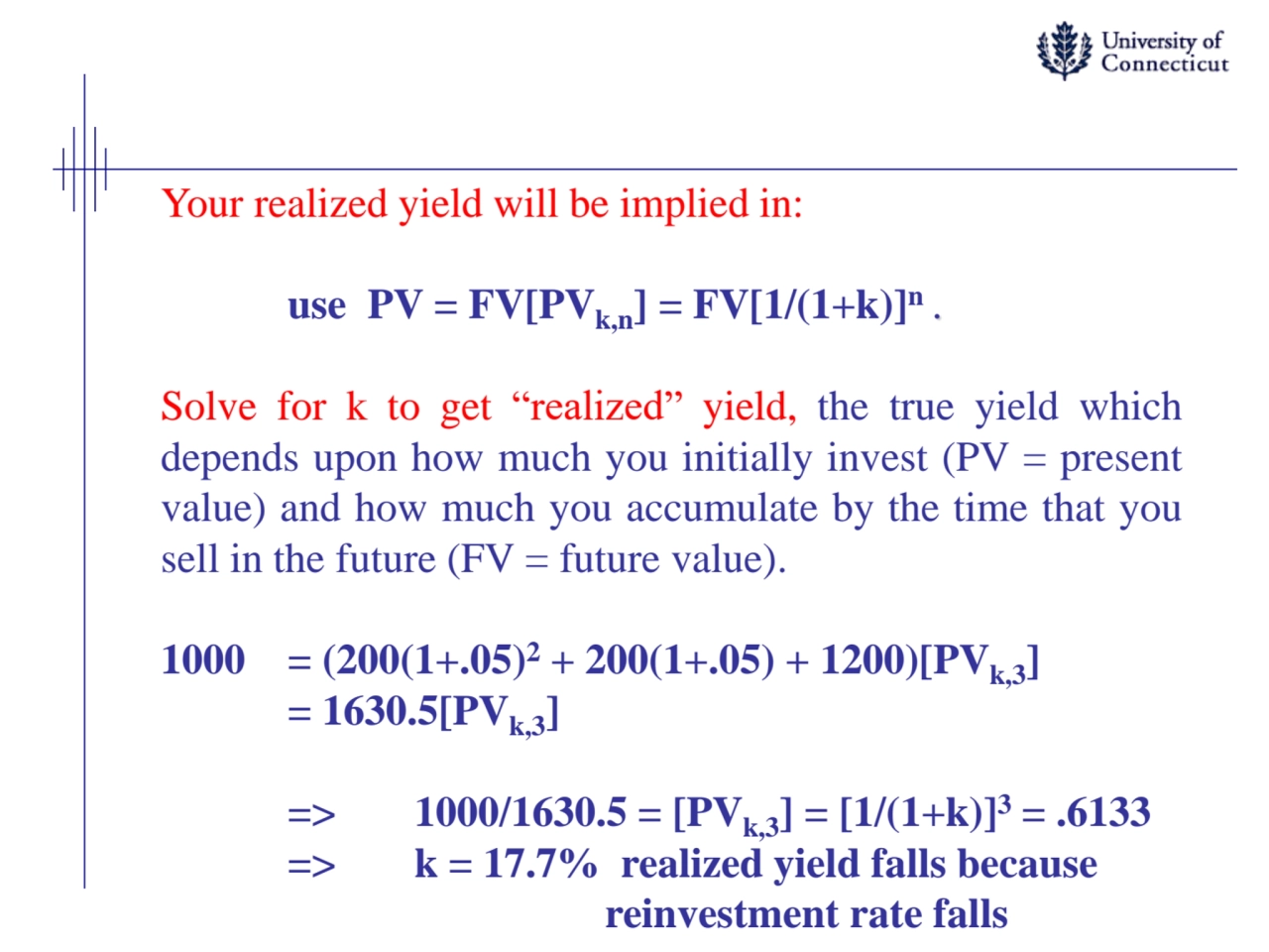 Your realized yield will be implied in:
use PV = FV[PVk,n] = FV[1/(1+k)]n.
Solve for k to get “re…