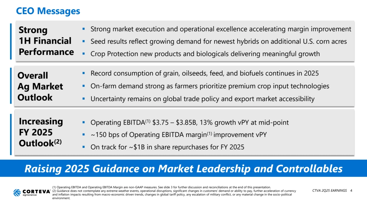 Raising 2025 Guidance on Market Leadership and Controllables
Increasing 
FY 2025 
Outlook(2)
 Operating EBITDA(1) $3.75 – $3.85B, 13% growth vPY at mid-point
 ~150 bps of Operating EBITDA margin(1) improvement vPY 
 On track for ~$1B in share repurchases for FY 2025
 Record consumption of grain, oilseeds, feed, and biofuels continues in 2025
 On-farm demand strong as farmers prioritize premium crop input technologies
 Uncertainty remains on global trade policy and export market accessibility 
Overall 
Ag Market 
Outlook
Strong
1H Financial 
Performance 
 Strong market execution and operational excellence accelerating margin improvement
 Seed results reflect growing demand for newest hybrids on additional U.S. corn acres
 Crop Protection new products and biologicals delivering meaningful growth
(1) Operating EBITDA and Operating EBITDA Margin are non-GAAP measures. See slide 3 for further discussion and reconciliations at the end of this presentation.
(2) Guidance does not contemplate any extreme weather events, operational disruptions, significant changes in customers’ demand or ability to pay, further acceleration of currency 
and inflation impacts resulting from macro-economic driven trends, changes in global tariff policy, any escalation of military conflict, or any material change in the socio-political 
environment.
CEO Messages
CTVA 2Q25 EARNINGS 4