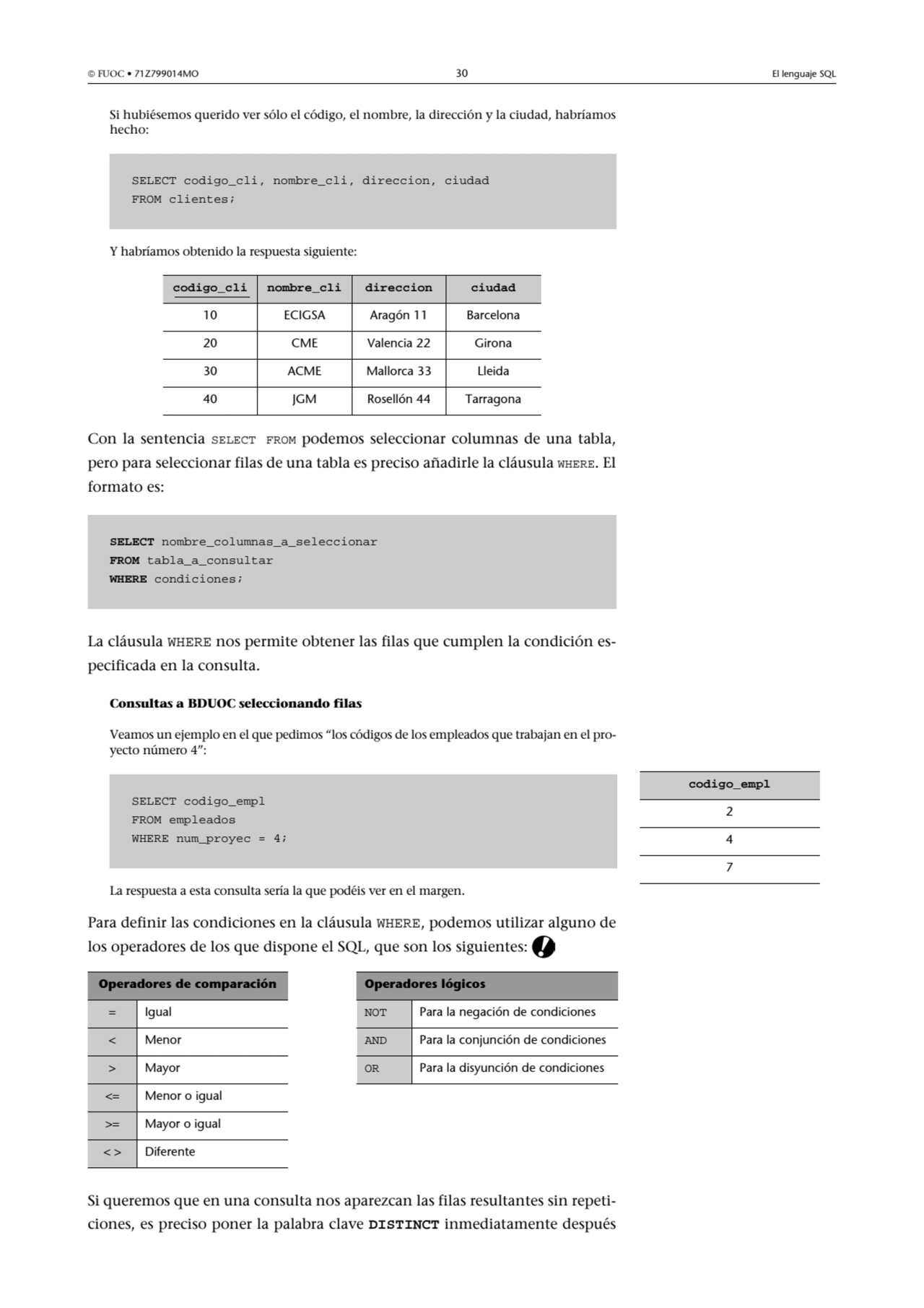  FUOC • 71Z799014MO 30 El lenguaje SQL
Si hubiésemos querido ver sólo el código, el nombre, la di…