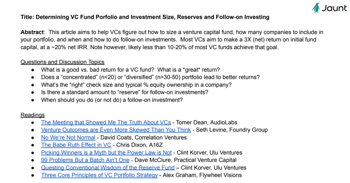 Determining VC Fund Portfolio and Investment Size, Reserves and Follow-on Investing