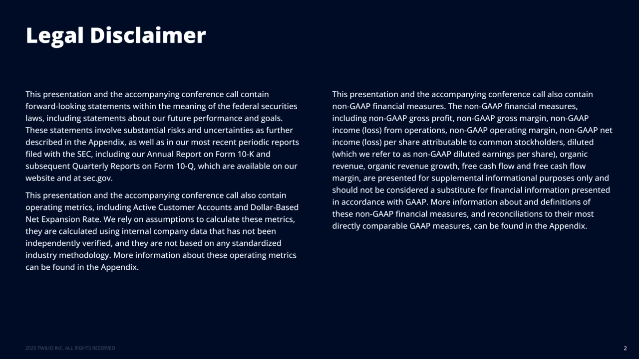 Legal Disclaimer
2
This presentation and the accompanying conference call contain 
forward-looking statements within the meaning of the federal securities 
laws, including statements about our future performance and goals. 
These statements involve substantial risks and uncertainties as further 
described in the Appendix, as well as in our most recent periodic reports 
filed with the SEC, including our Annual Report on Form 10-K and 
subsequent Quarterly Reports on Form 10-Q, which are available on our 
website and at sec.gov.
This presentation and the accompanying conference call also contain 
operating metrics, including Active Customer Accounts and Dollar-Based 
Net Expansion Rate. We rely on assumptions to calculate these metrics, 
they are calculated using internal company data that has not been 
independently verified, and they are not based on any standardized 
industry methodology. More information about these operating metrics 
can be found in the Appendix.
This presentation and the accompanying conference call also contain 
non-GAAP financial measures. The non-GAAP financial measures, 
including non-GAAP gross profit, non-GAAP gross margin, non-GAAP 
income (loss) from operations, non-GAAP operating margin, non-GAAP net 
income (loss) per share attributable to common stockholders, diluted 
(which we refer to as non-GAAP diluted earnings per share), organic 
revenue, organic revenue growth, free cash flow and free cash flow 
margin, are presented for supplemental informational purposes only and 
should not be considered a substitute for financial information presented 
in accordance with GAAP. More information about and definitions of 
these non-GAAP financial measures, and reconciliations to their most 
directly comparable GAAP measures, can be found in the Appendix.
