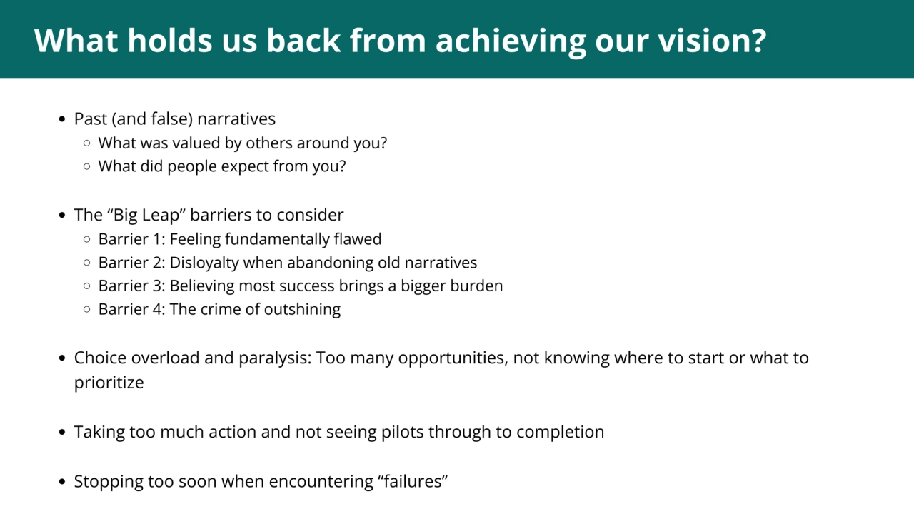 1
What holds us back from achieving our vision?
Past (and false) narratives
What was valued by o…