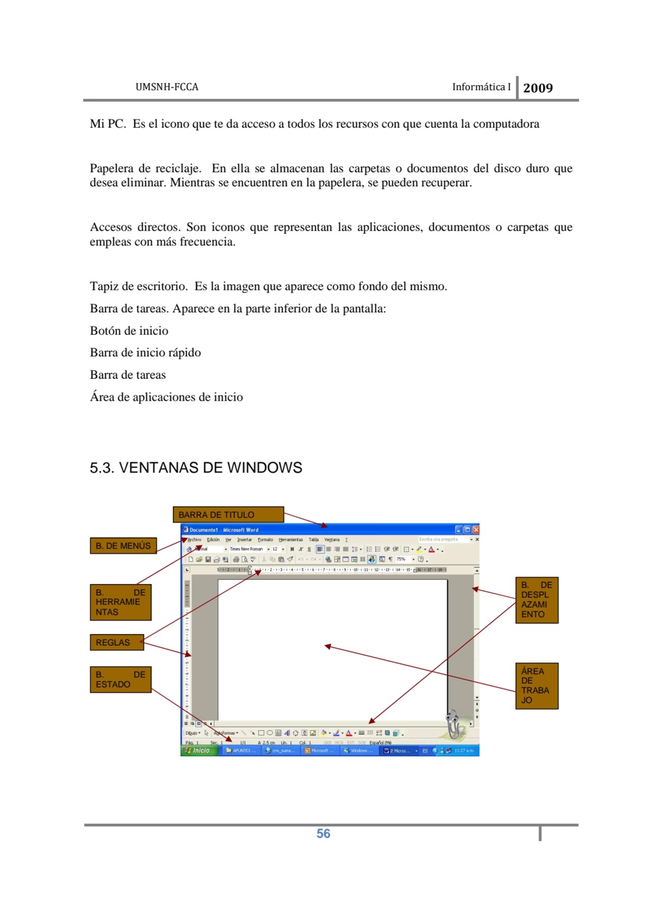 UMSNH-FCCA Informática I 2009
 56
Mi PC. Es el icono que te da acceso a todos los recursos con qu…